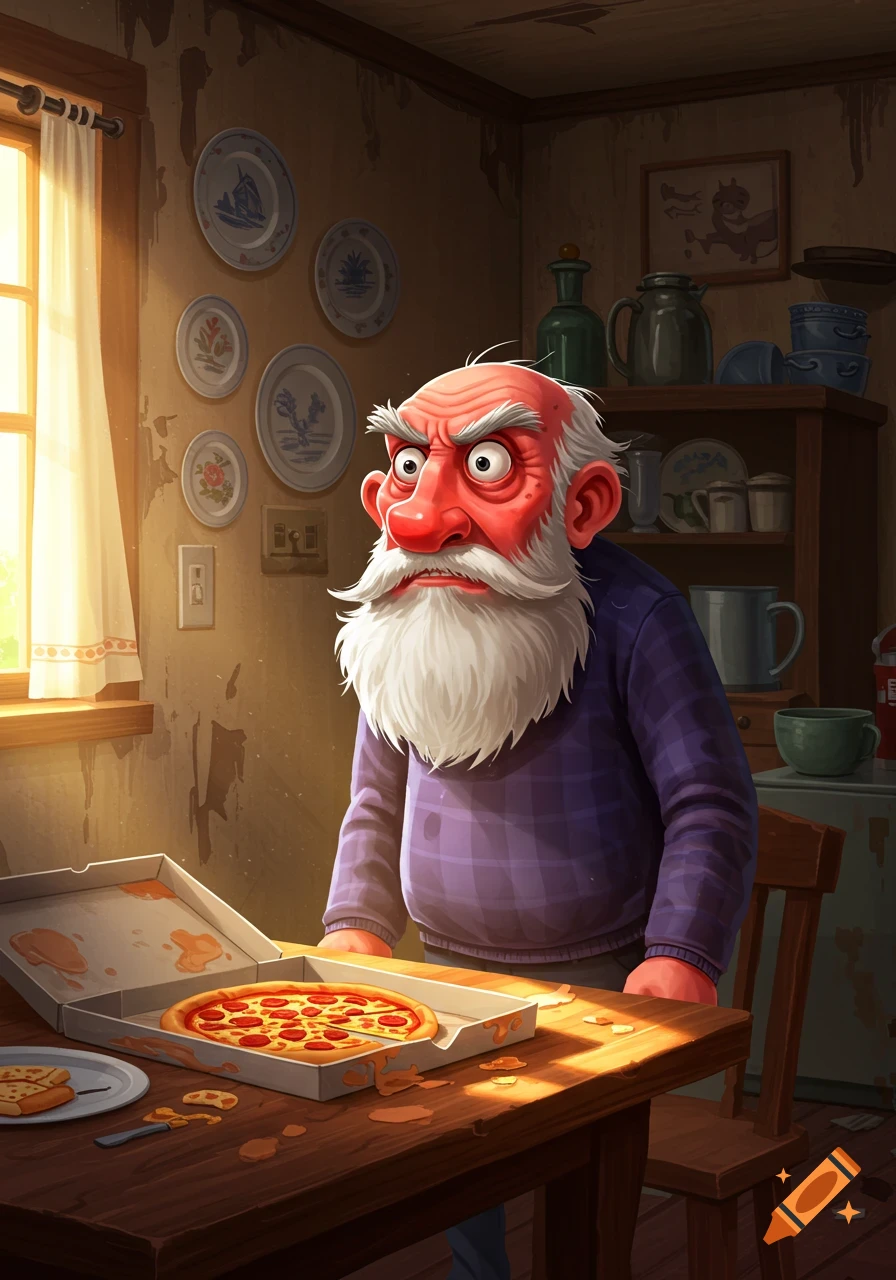 Cartoon illustration of an angry red-faced old man with a white beard staring at a pizza in a rustic kitchen.