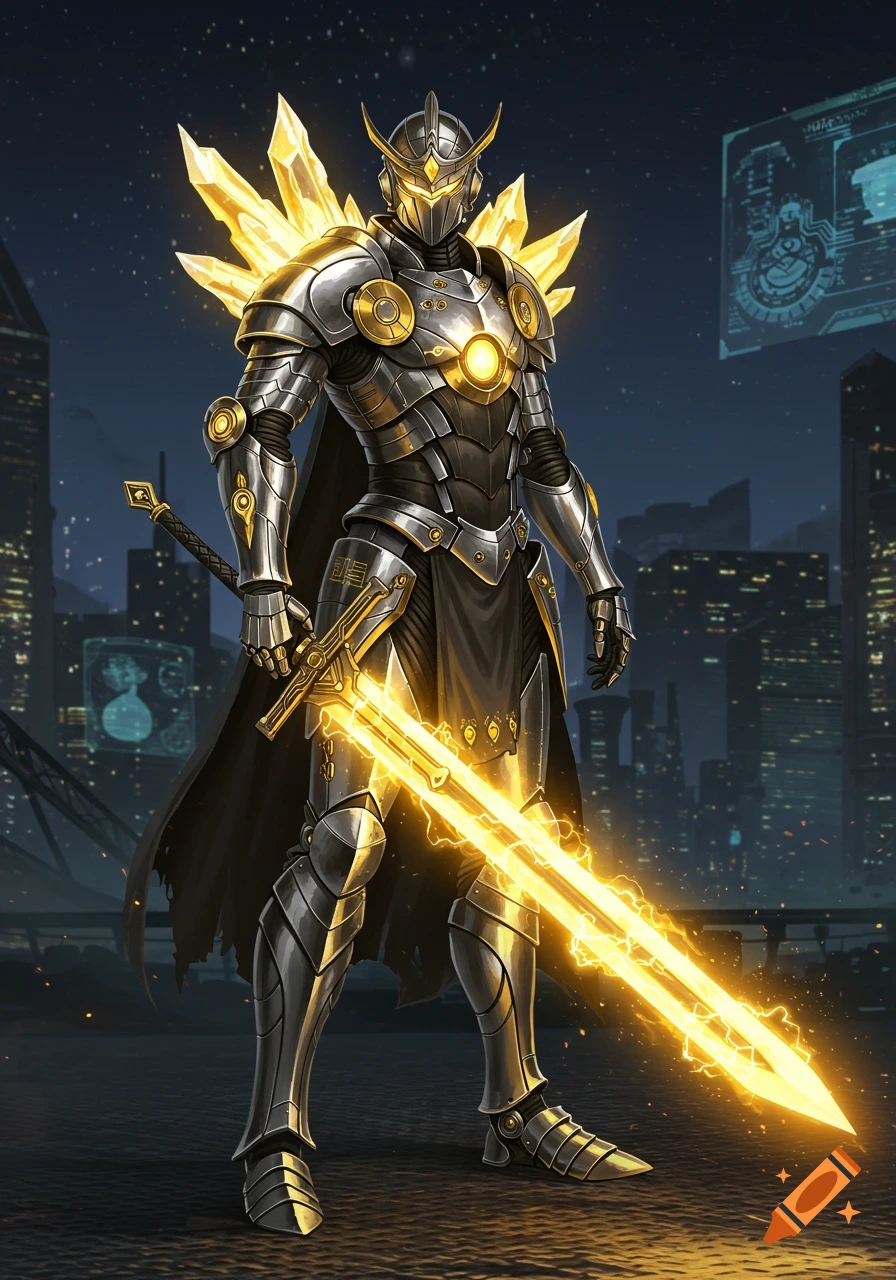 A cyber gold knight in glowing armor with large crystal wings and a bright gold sword stands in a futuristic city at night.