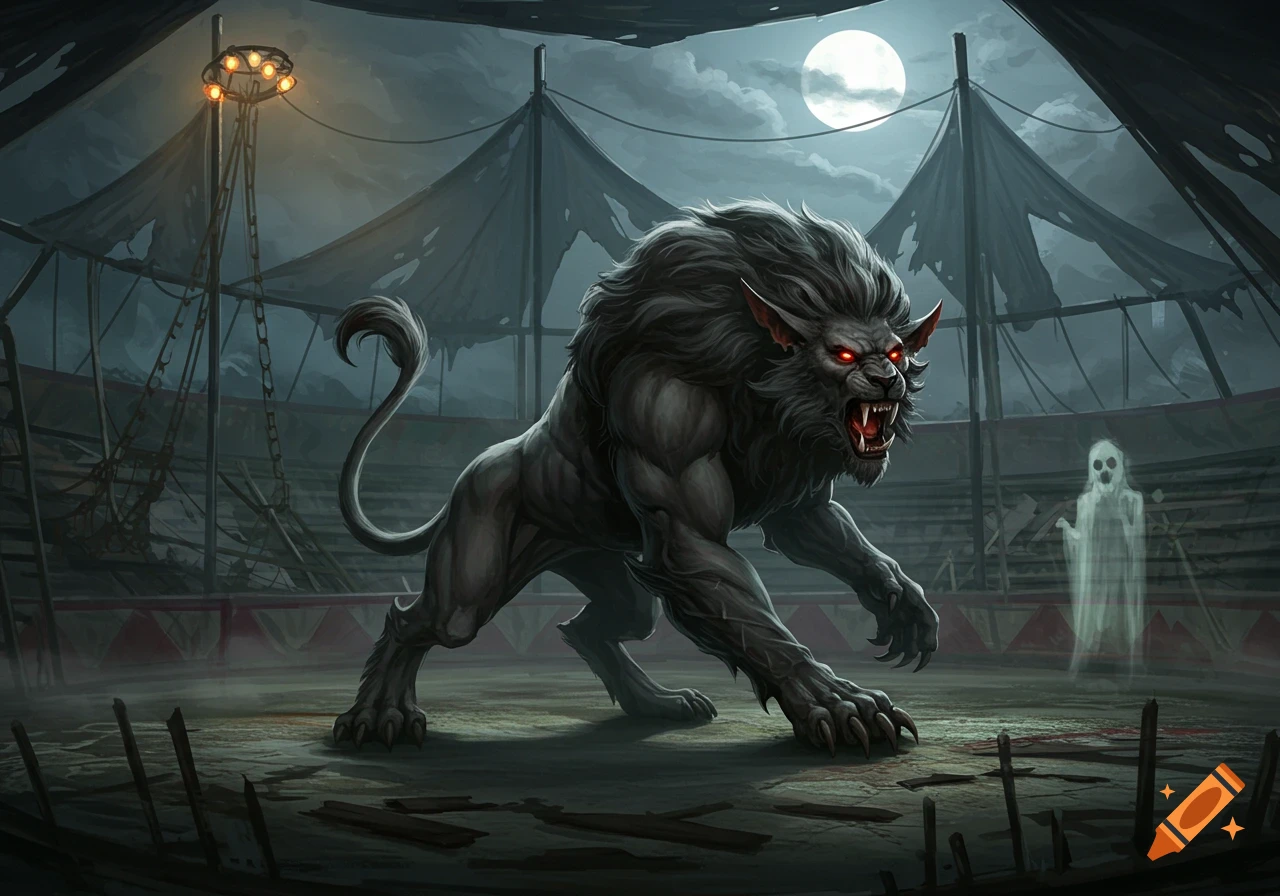 A fierce, dark manticore-like beast with glowing red eyes stands in a ruined circus tent with a ghost under a full moon. Dark fantasy art.