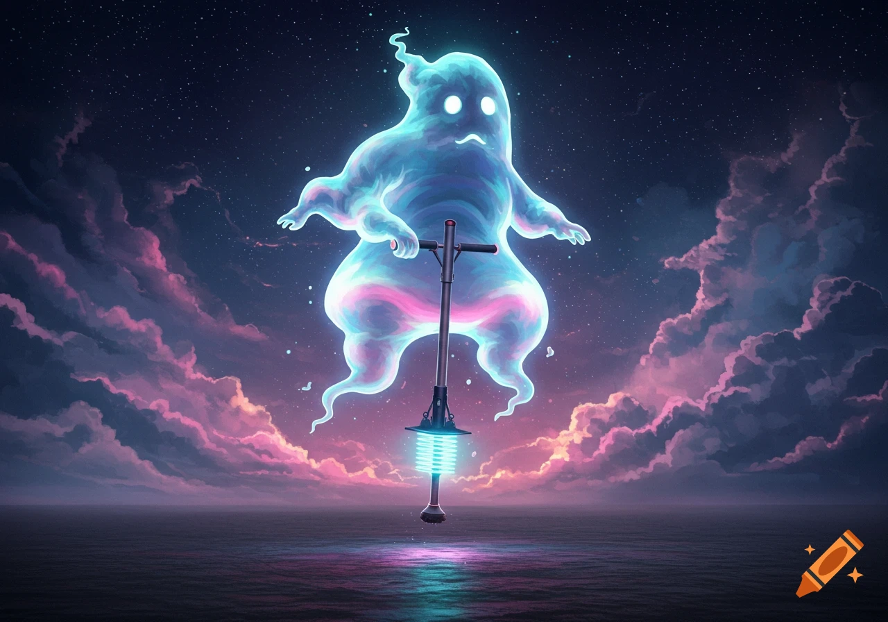 A vibrant, glowing blue and pink ghost on a pogo stick floats above water under a starry night sky with pink and purple clouds.