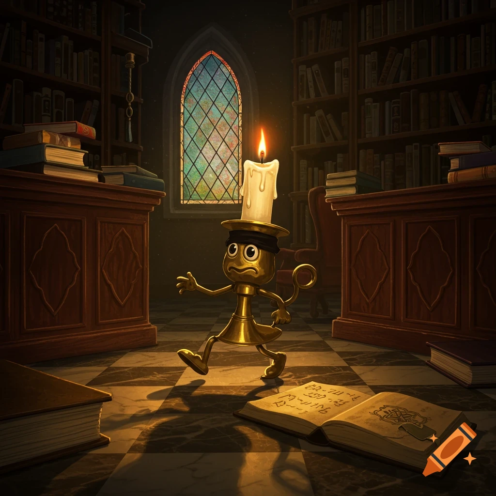 A cartoonish golden candlestick character with a lit candle on its head walks nervously in a dark, atmospheric library past an open book on the floor.