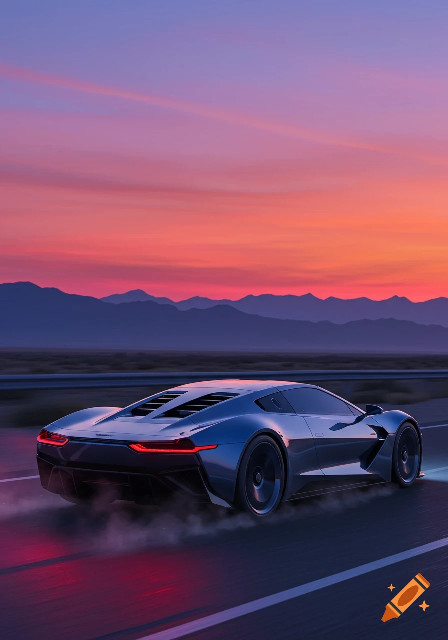 A sleek blue sports car drives on a highway at sunset, with mountains in the background.