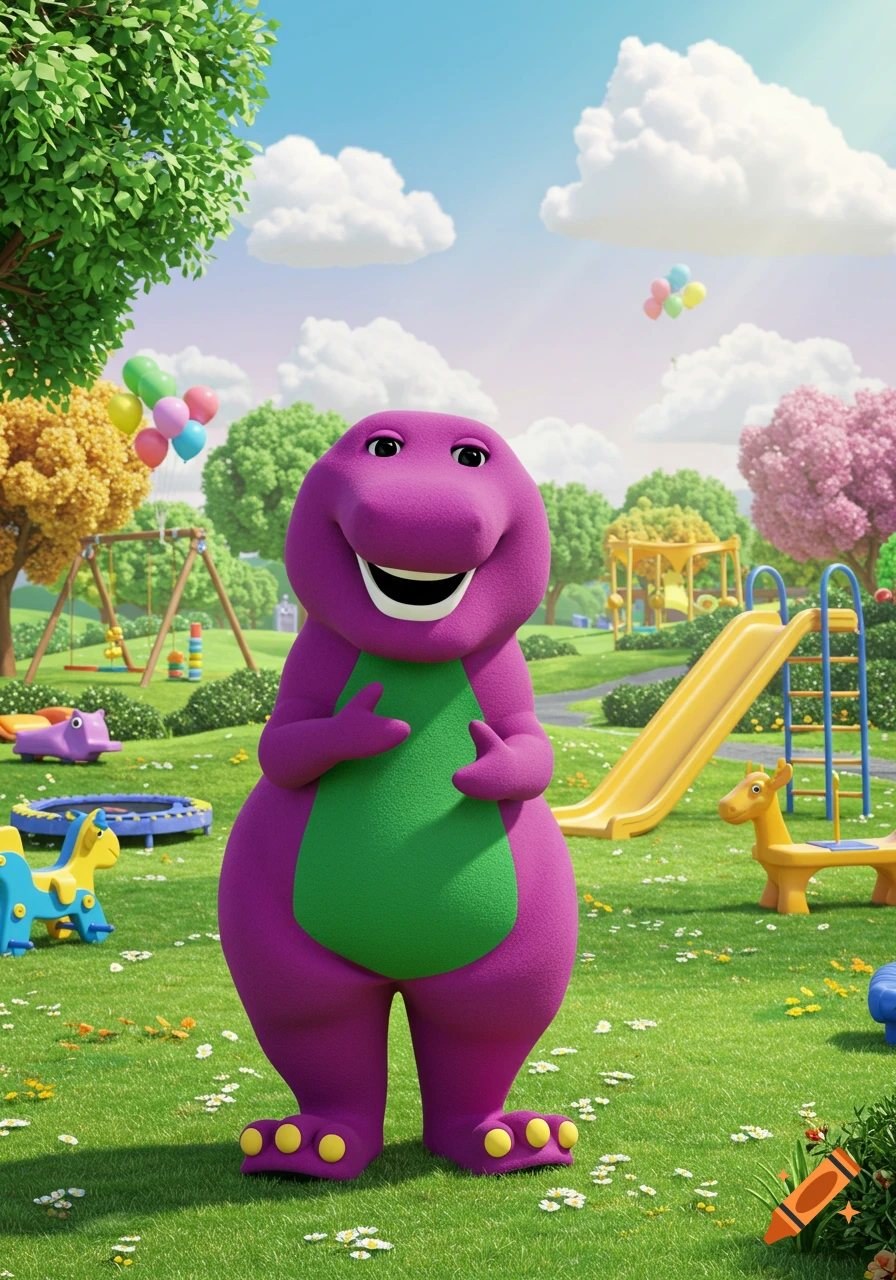 Barney the purple dinosaur smiles in a bright, 3D animated park with a yellow slide, swings, and colorful balloons.