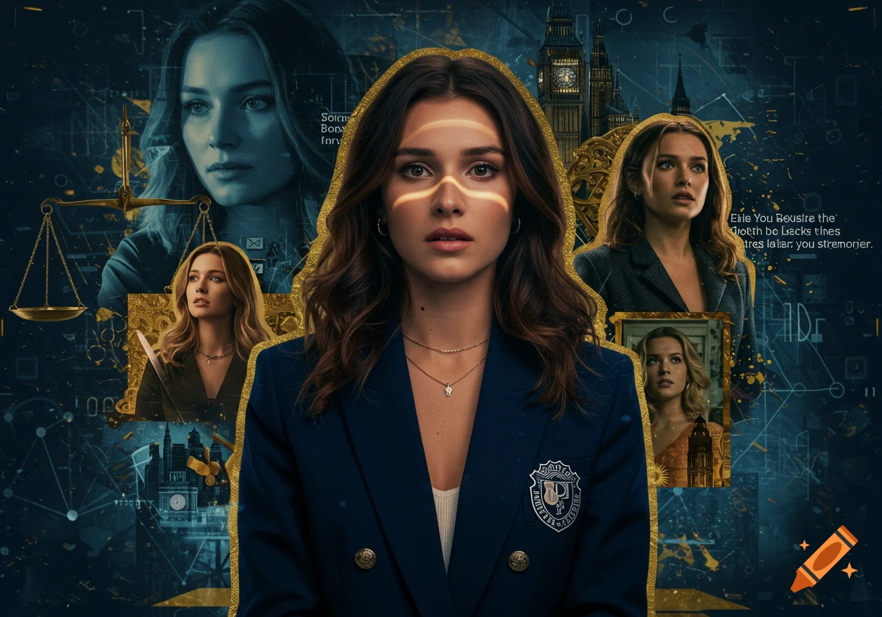 A collage portrait of a young woman in a navy blazer, with multiple versions of her face, a scale of justice, and Big Ben in the background.