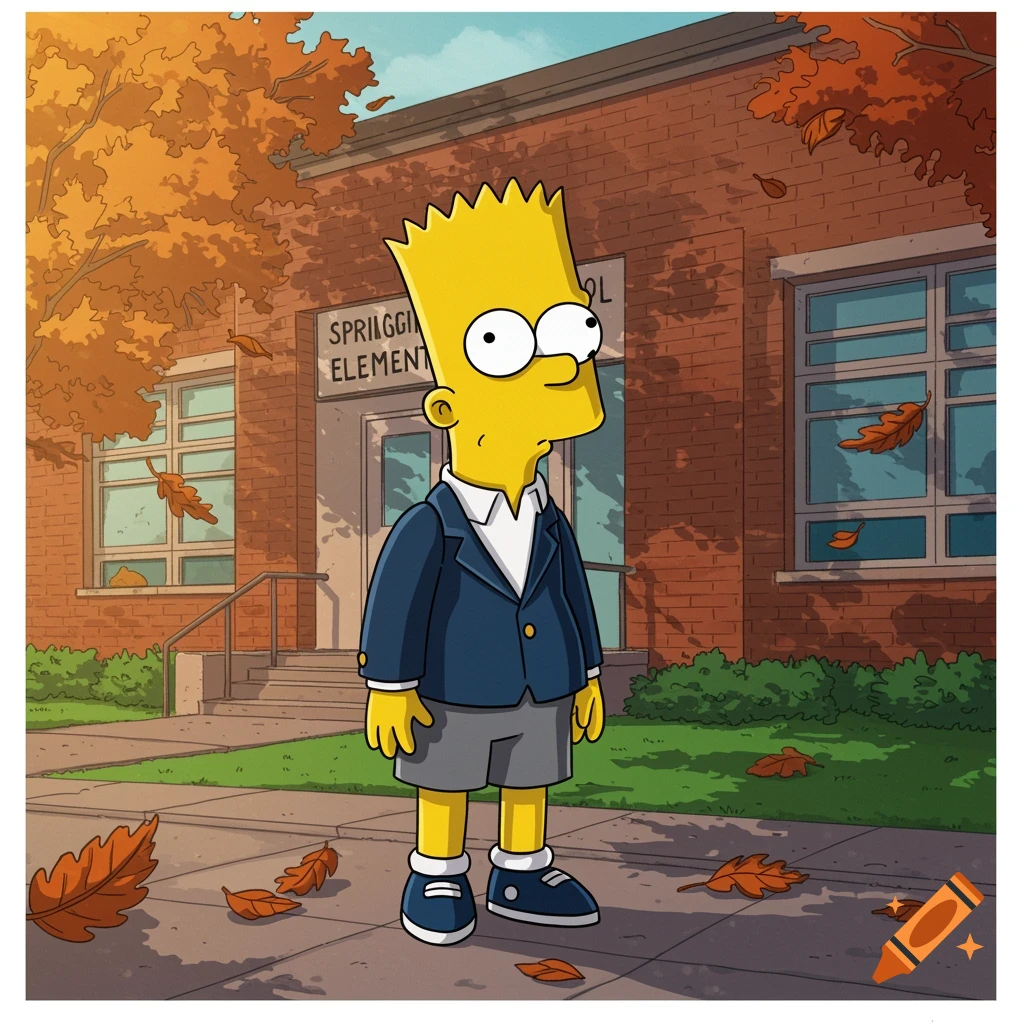 Bart Simpson in a school uniform stands on a sidewalk in front of a brick school with autumn leaves.