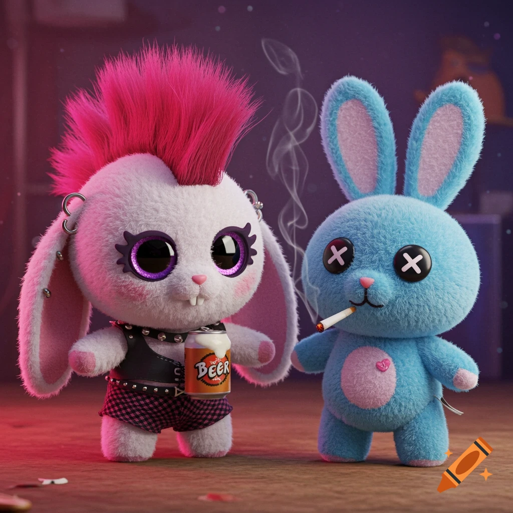 A white punk rabbit plushie with pink hair and piercings holds a beer can next to a blue emo bunny plushie smoking.