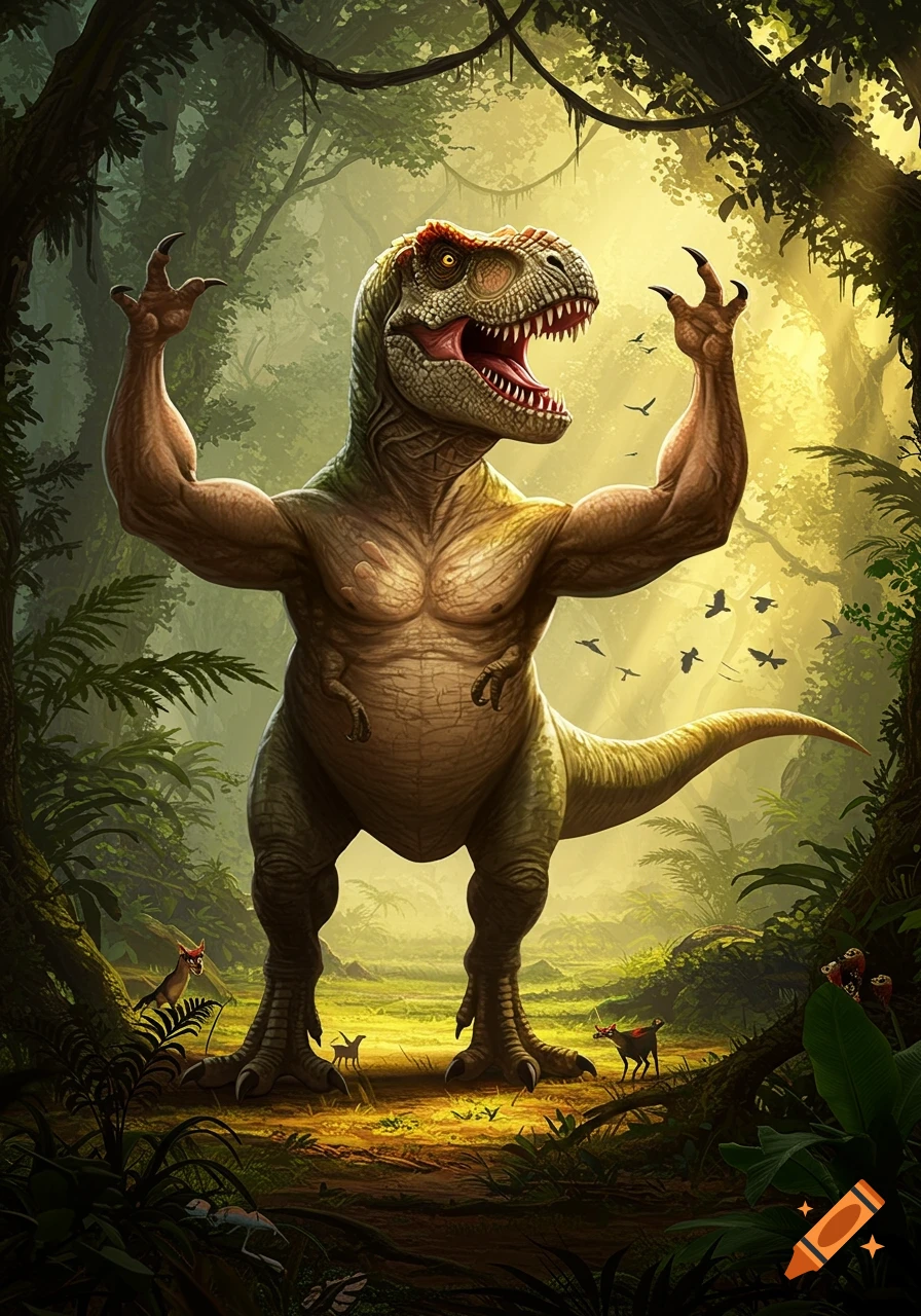 A muscular T-Rex with human-like arms roars in a vibrant, sunlit jungle. Stylized illustration.