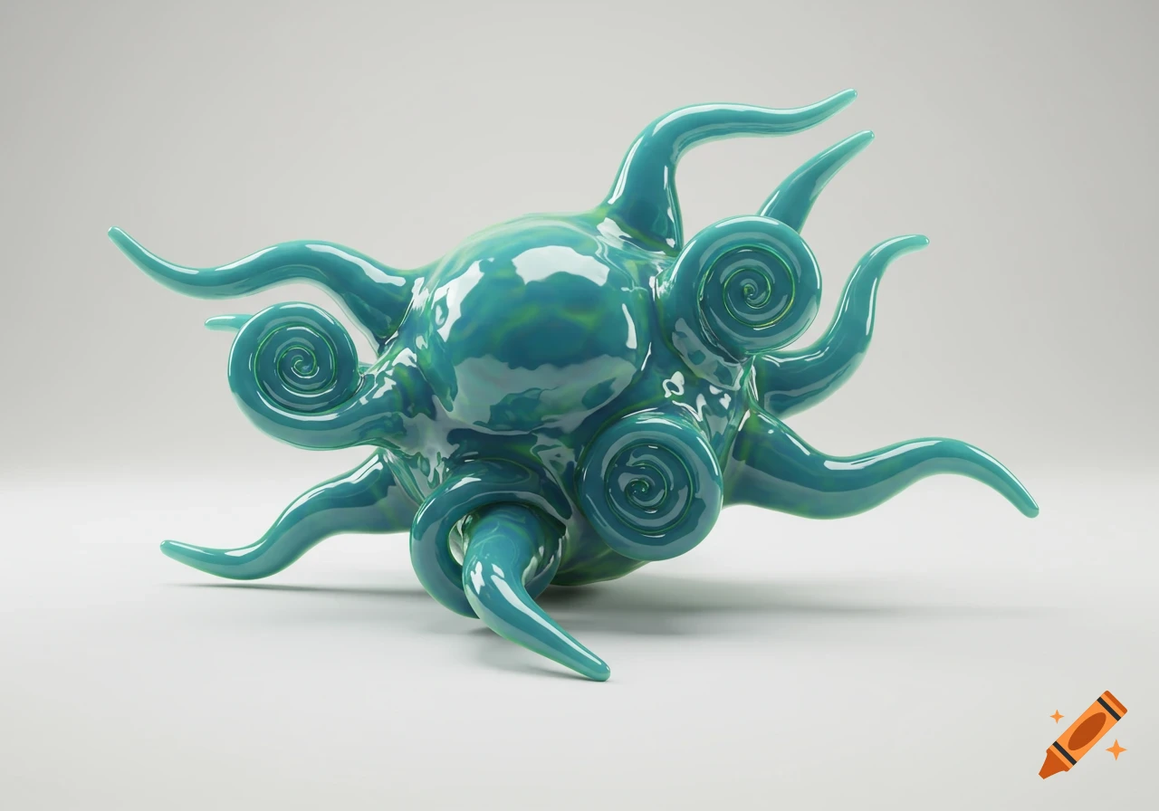 A glossy, translucent blue-green sculpture resembling an abstract creature with swirling tentacles on a white background.