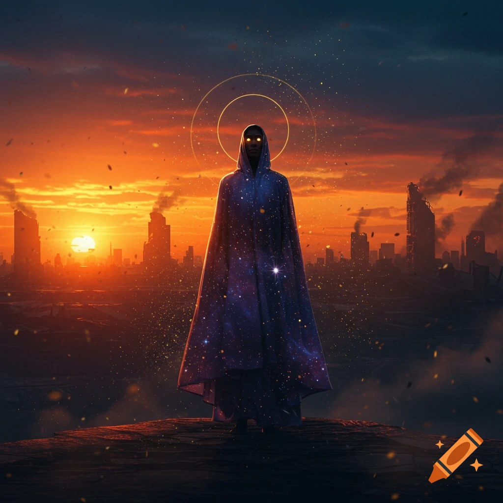 A cloaked figure with glowing eyes stands over a ruined city at a dramatic sunset.