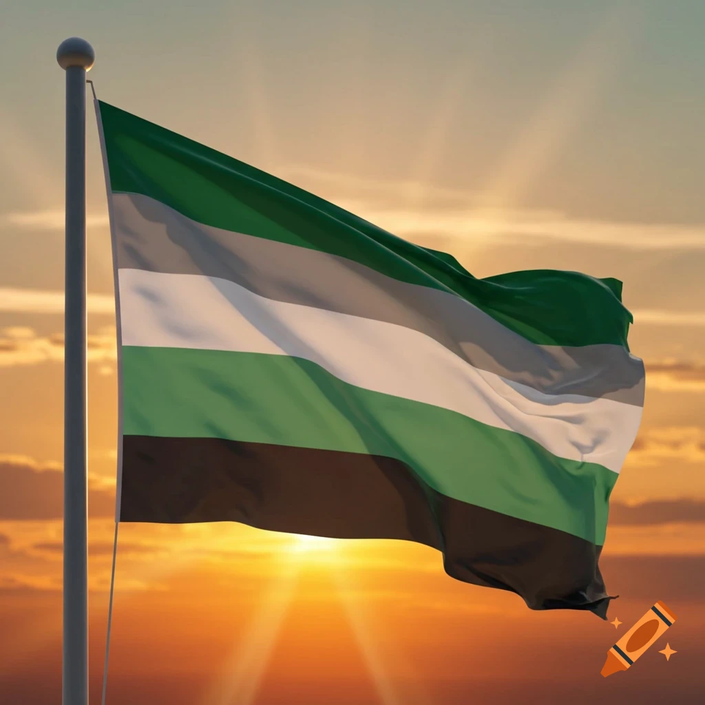 Aroace pride flag with horizontal stripes of dark green, light green, white, gray, and black, waving against a vibrant sunset sky.