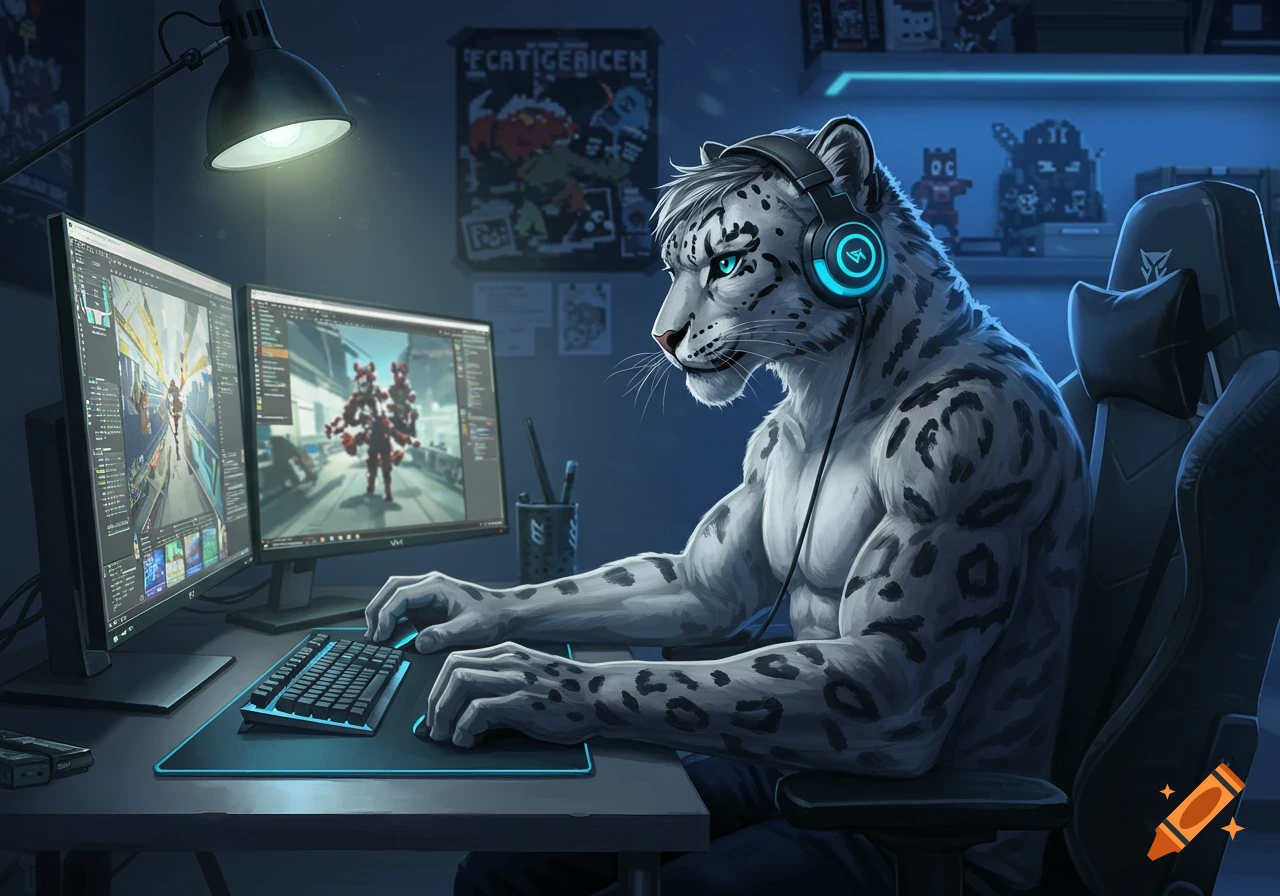 An anthropomorphic snow leopard gamer wearing a headset sits at a desk with dual monitors and a keyboard, playing games in a dim, neon-lit room.