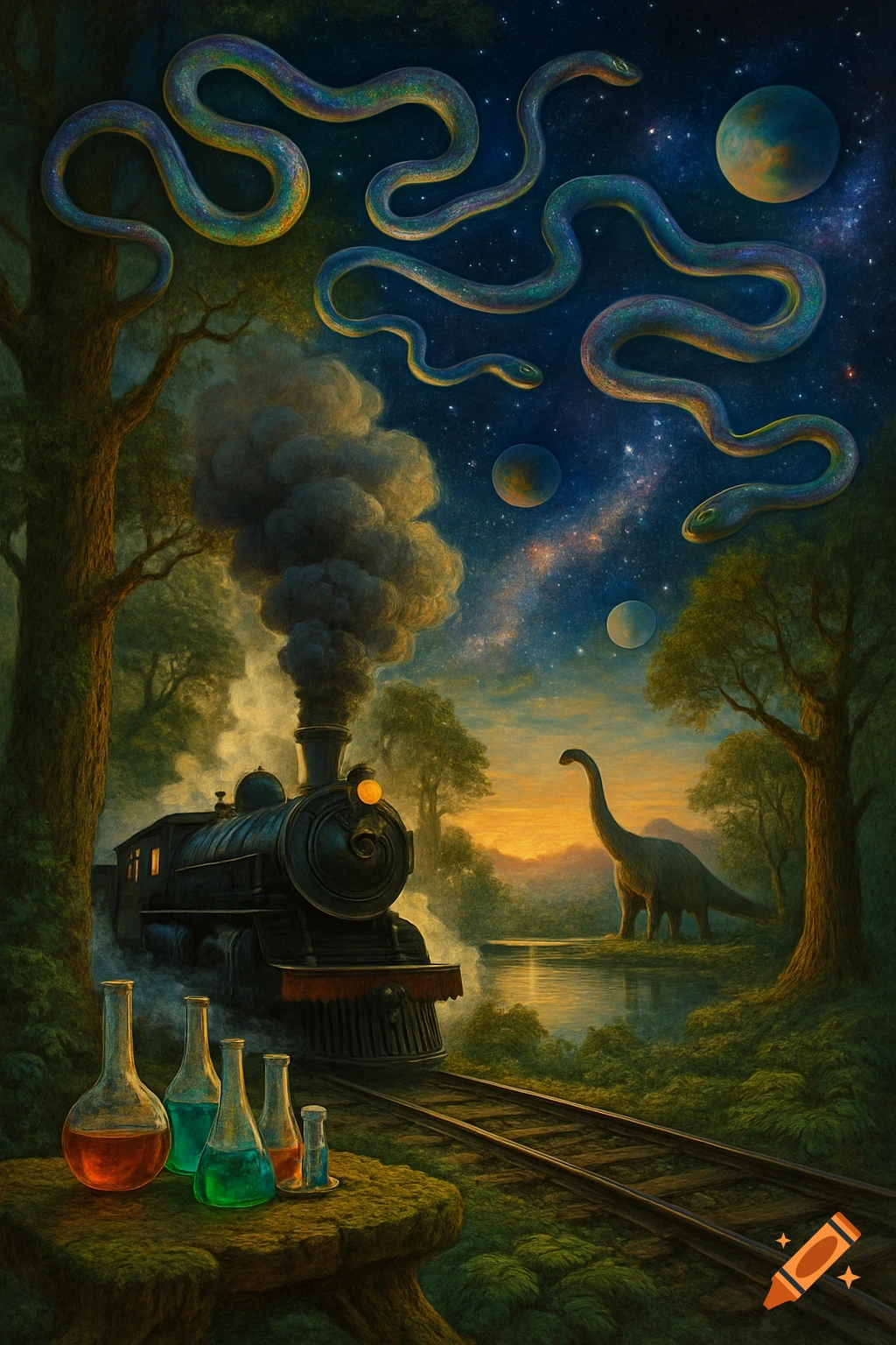 A surreal painting of a train in a forest, a dinosaur by a lake, chemistry beakers, and snakes floating in a starry sky with planets.