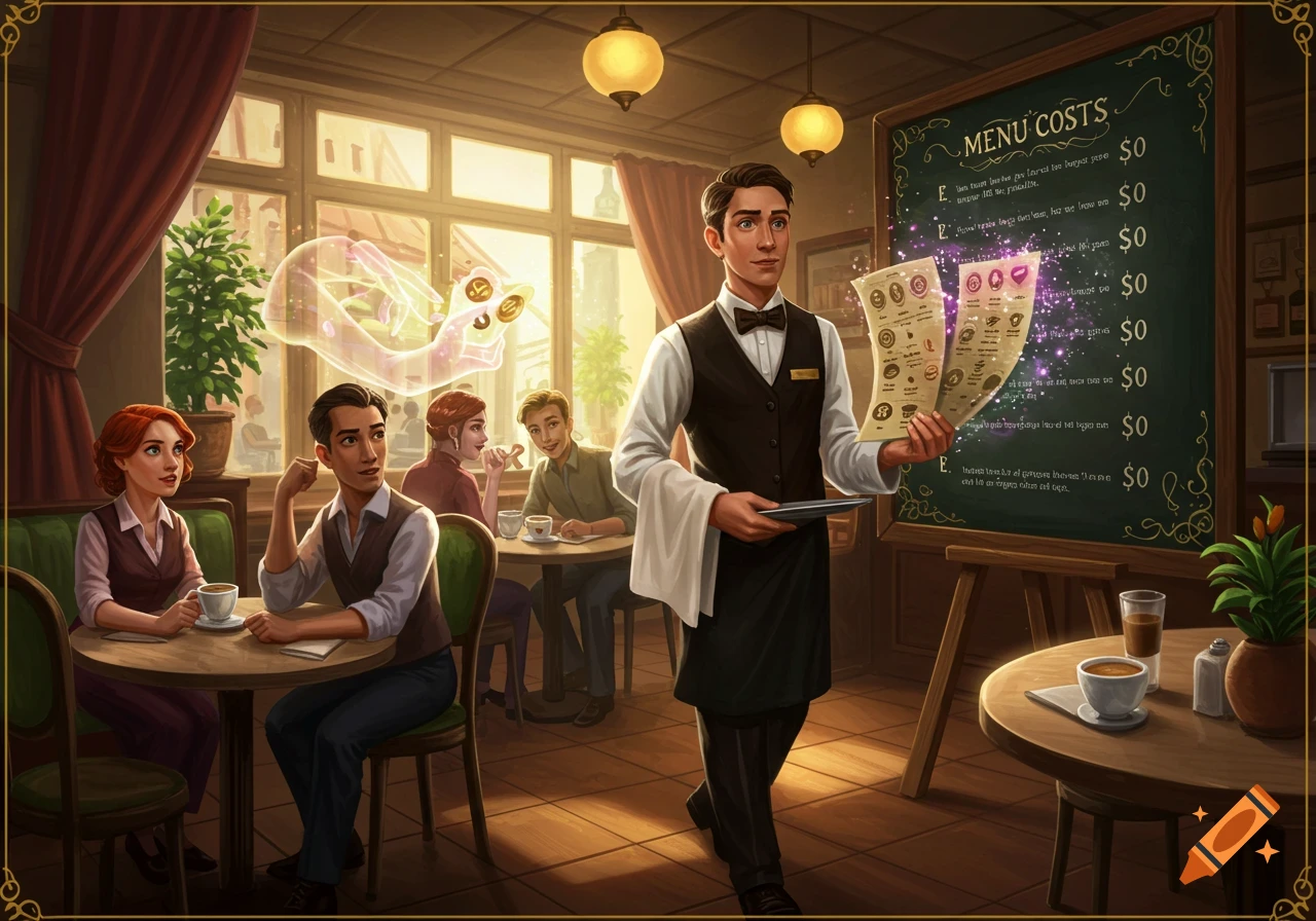 A TCG-style illustration of a bustling cafe with customers and a waiter holding glowing menus. A ghostly figure with coins floats in the background.