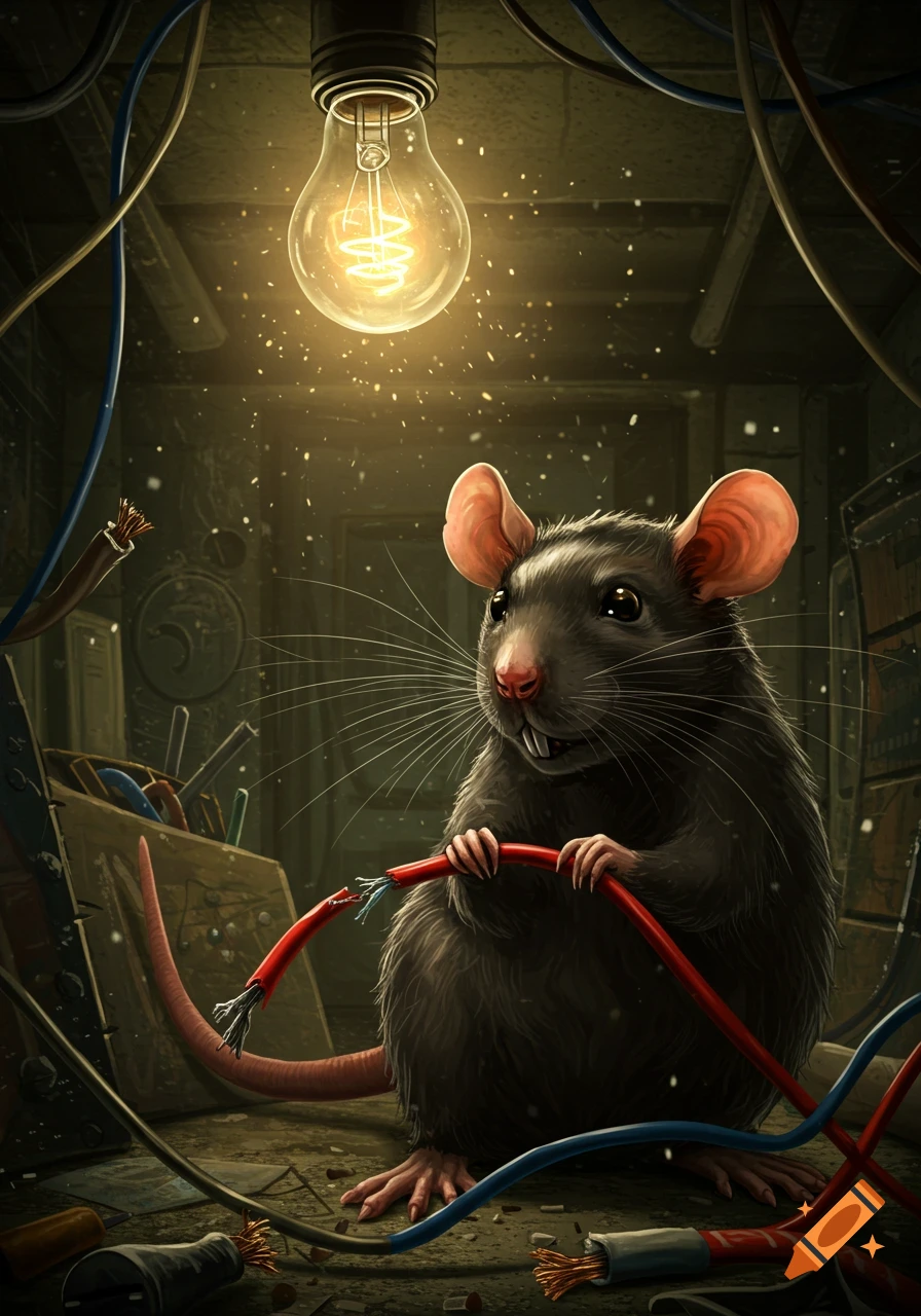 A detailed illustration of a rat chewing a red electrical wire under a glowing lightbulb in a dusty room filled with wires.