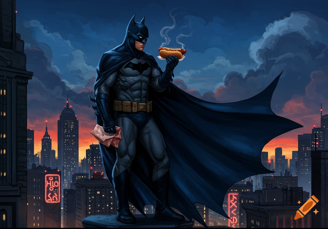Batman stands on a city rooftop at sunset, holding a steaming hot dog in his hand, in a comic art style.