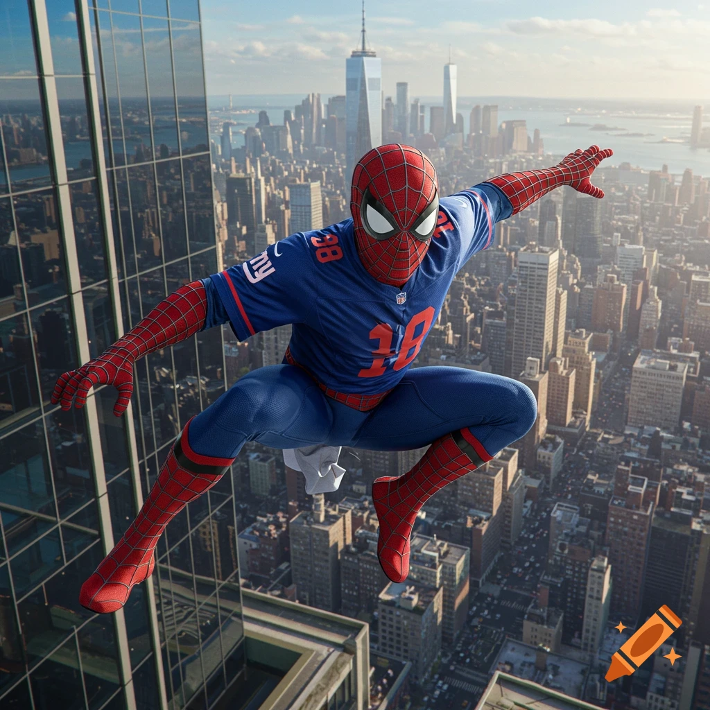Spiderman in a New York Giants football jersey, leaping over a detailed cityscape with skyscrapers.
