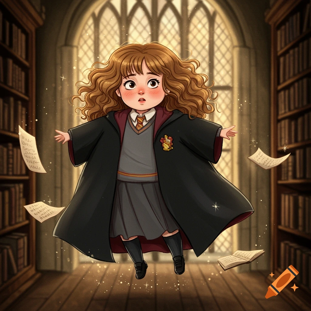 Cartoon illustration of a young Hermione Granger floating in a magical library, surrounded by sparkling floating papers.