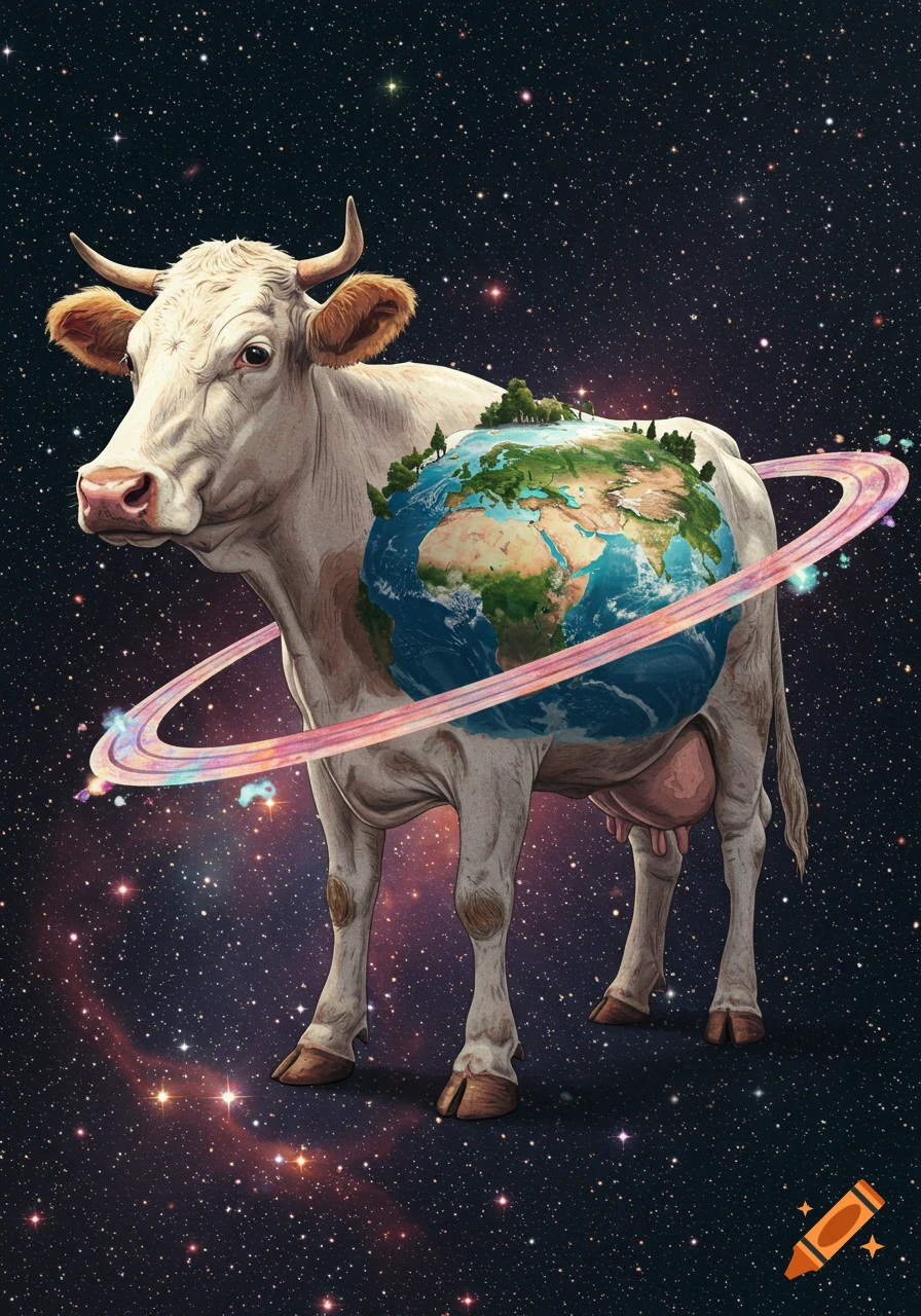 A white cow with the Earth on its back, surrounded by a colorful planetary ring, floating in a starry cosmic background.