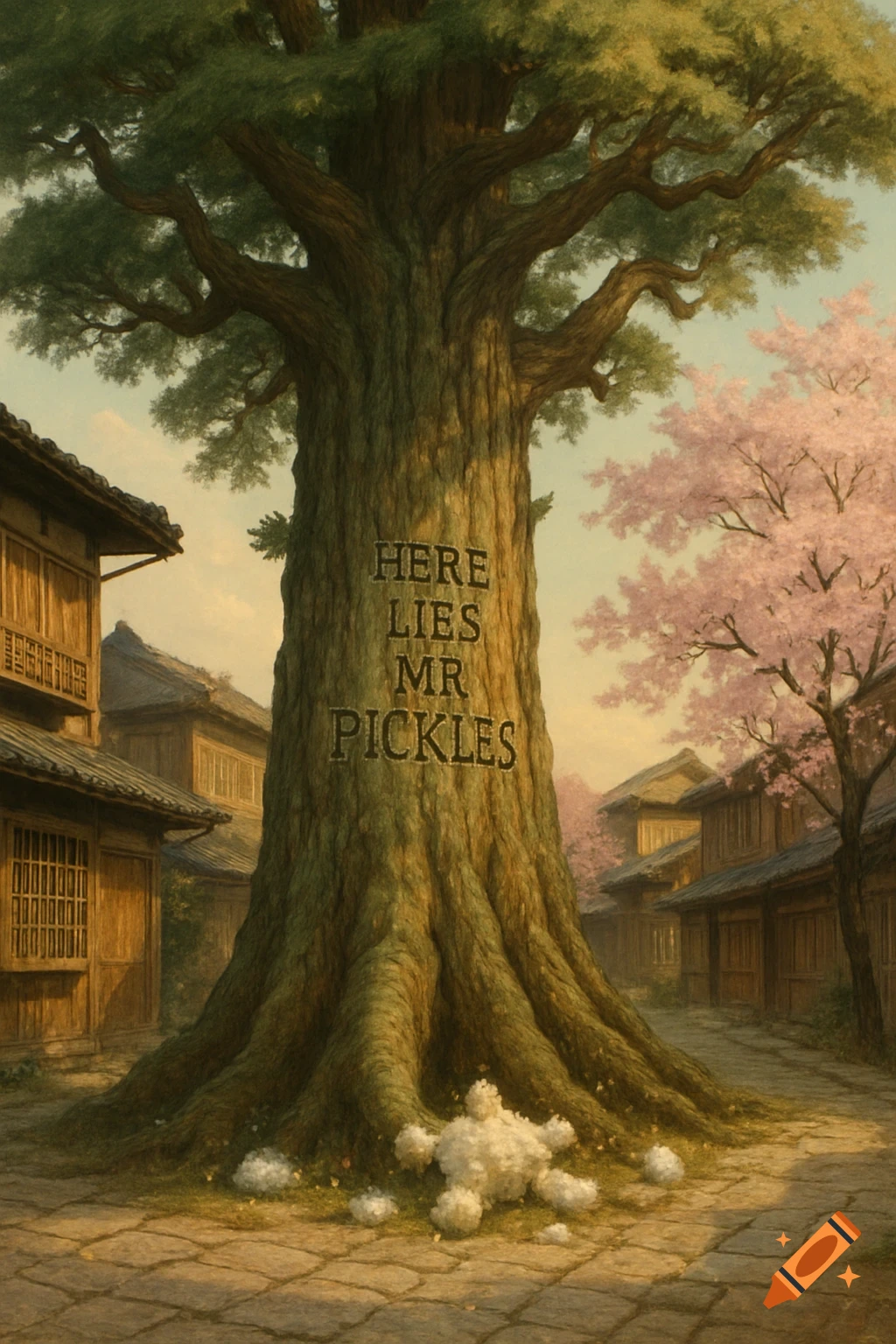 A massive tree with "HERE LIES MR PICKLES" carved into its trunk stands in a quaint oriental village street with cherry blossoms and fluff at its base.