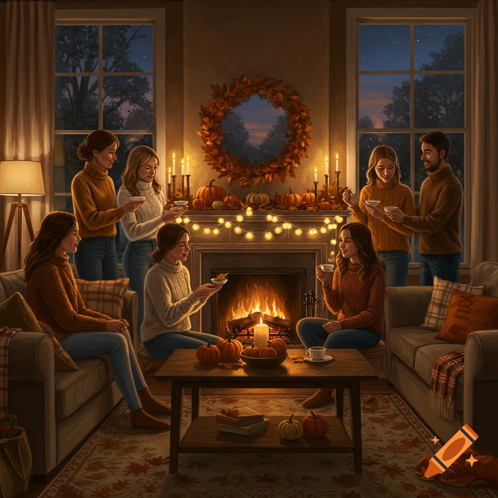 Realism painting of friends gathered in a cozy living room decorated for autumn, with a fireplace and warm lights.