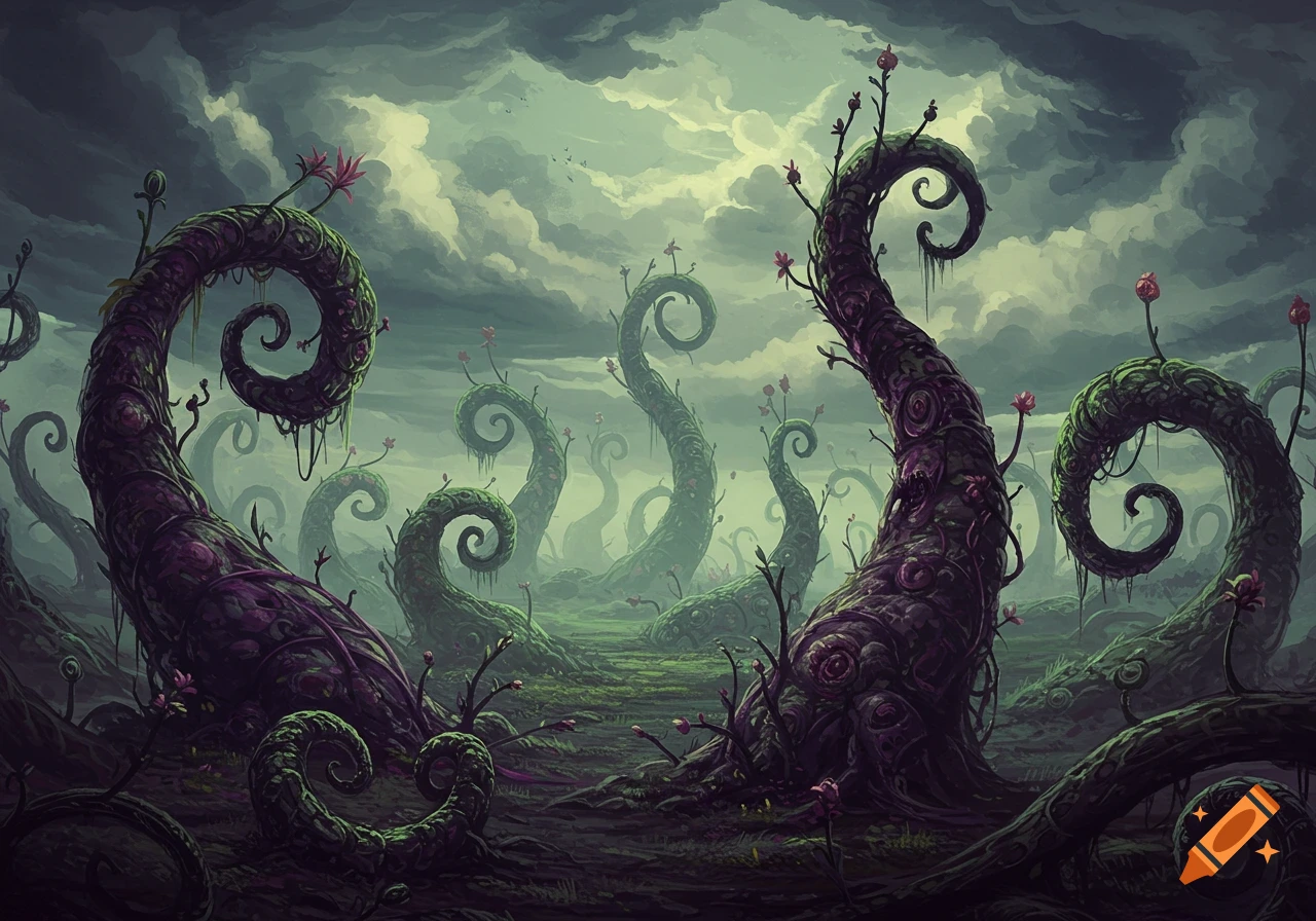 Dark fantasy illustration of a foggy, otherworldly garden with twisted, gnarled, tentacle-like plants under an oppressive sky.