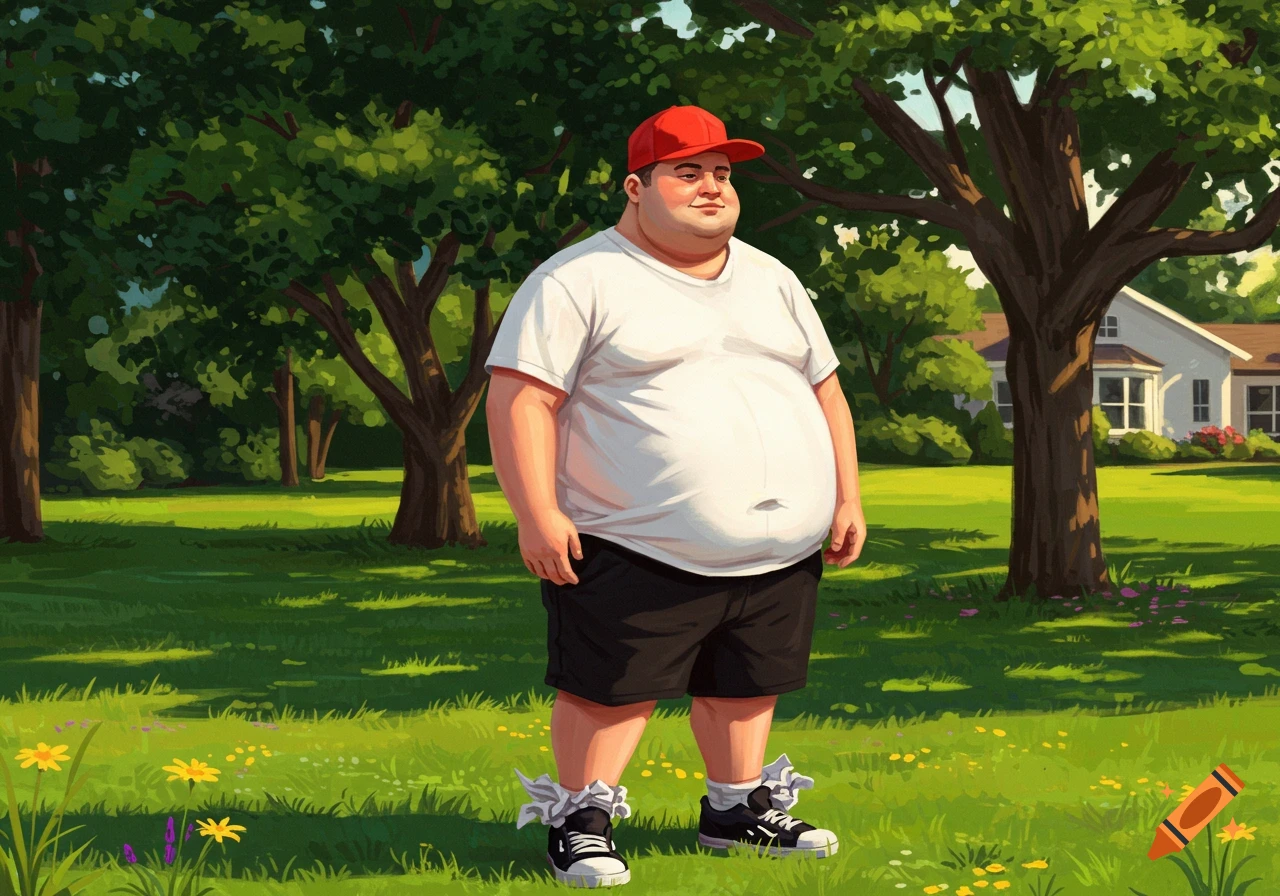 An overweight man in a red cap, white t-shirt, black shorts, and sneakers with paper stuffed in the socks, stands in a green park. Illustrated style.