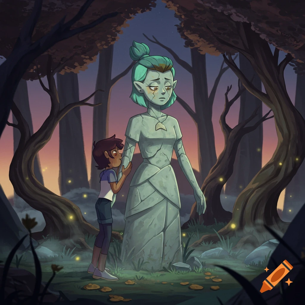 Luz reaches out to comfort a sad, teal-haired Amity who has turned into a stone statue in a dark, glowing forest, in a cartoon style.
