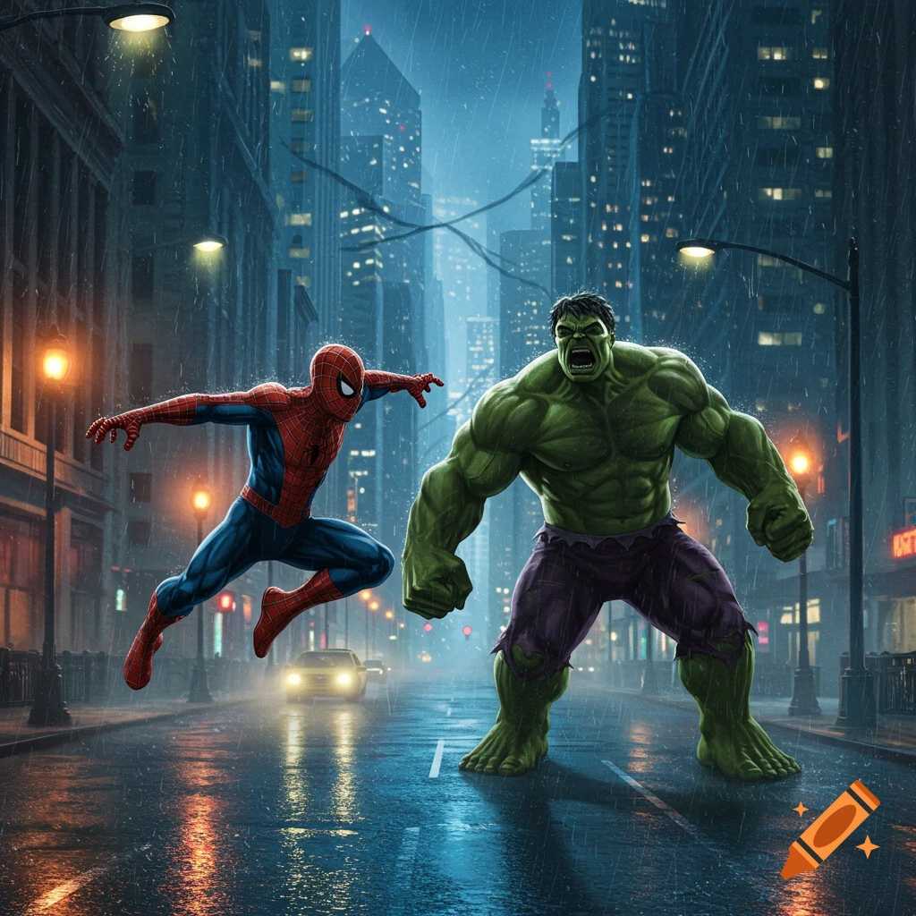 Spider-Man leaps as the Hulk roars in a dark, rainy city street at night, in a dynamic comic book art style.