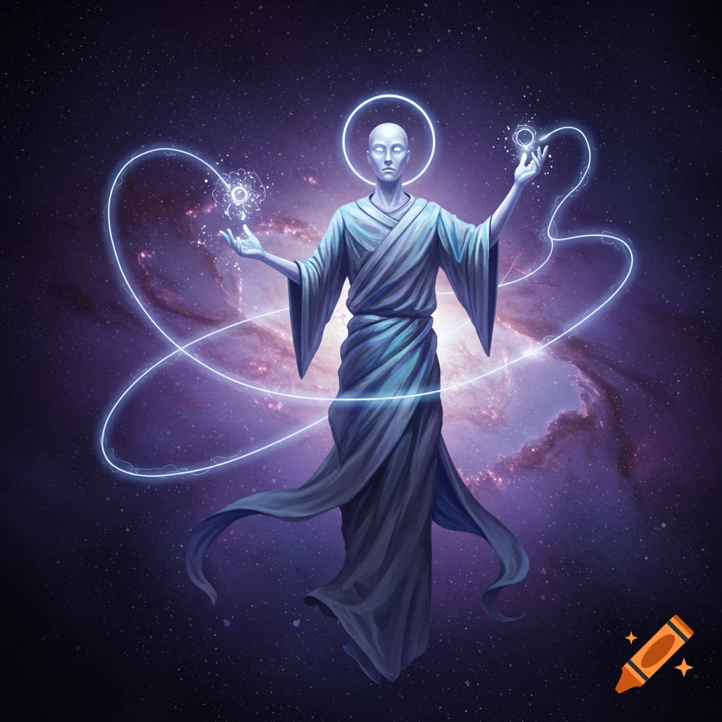 A bald, robed figure floats in space, holding glowing energy orbs and surrounded by swirling neon light lines against a cosmic background.