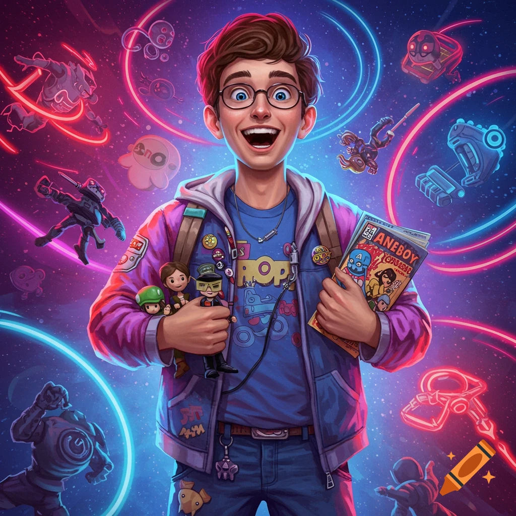 A cheerful fanboy in glasses, jacket, and backpack holds a comic book and figures amidst a neon-glowing, cosmic background.