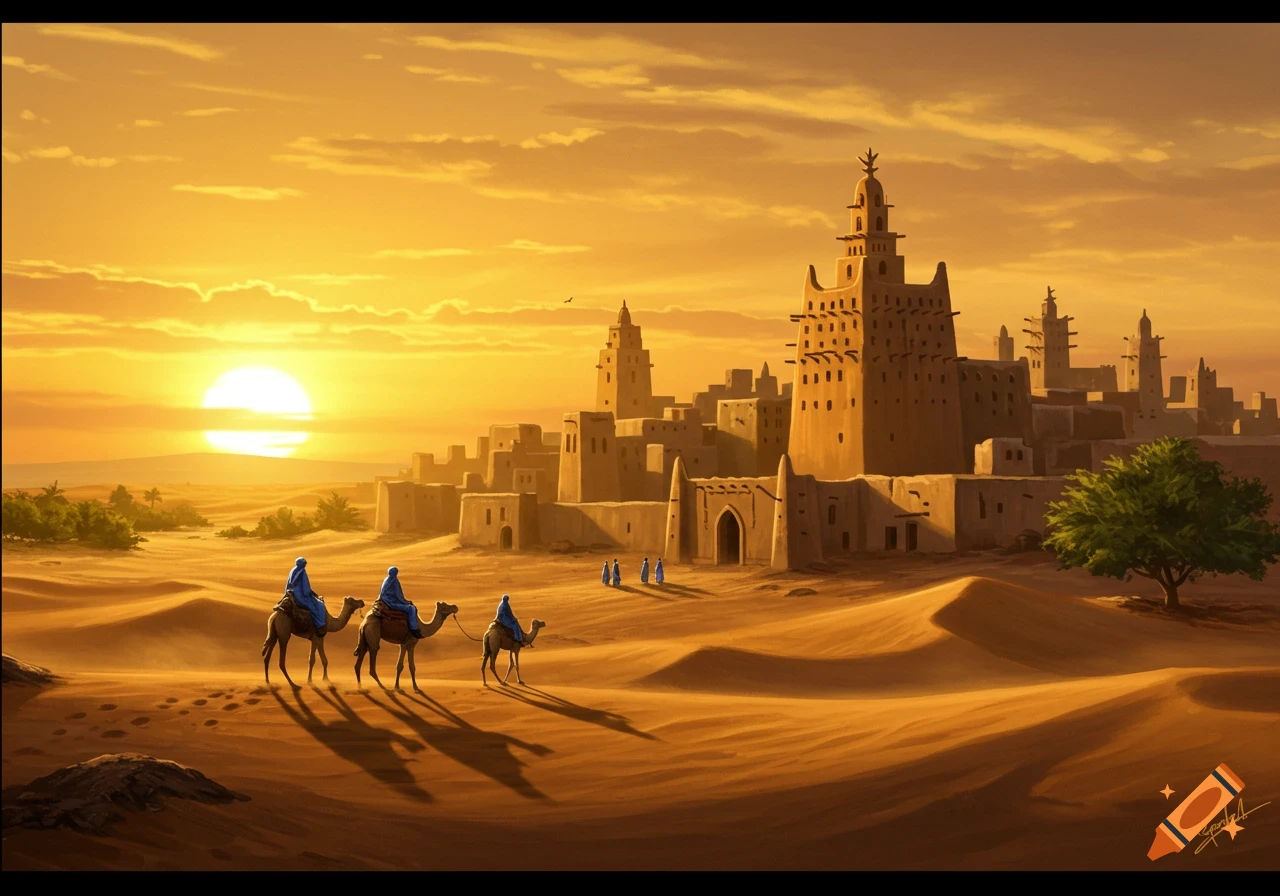 People on camels trek across desert dunes towards a mud-brick city at sunset, with a large sun on the horizon.