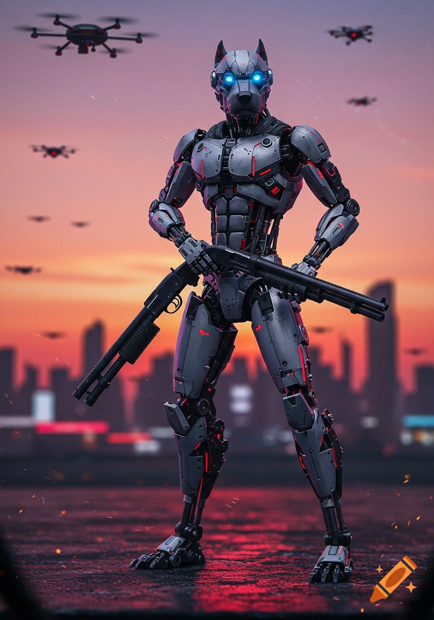 A futuristic pit bull robot warrior holding a shotgun stands on a rooftop at sunset, with drones and a city skyline in the background.