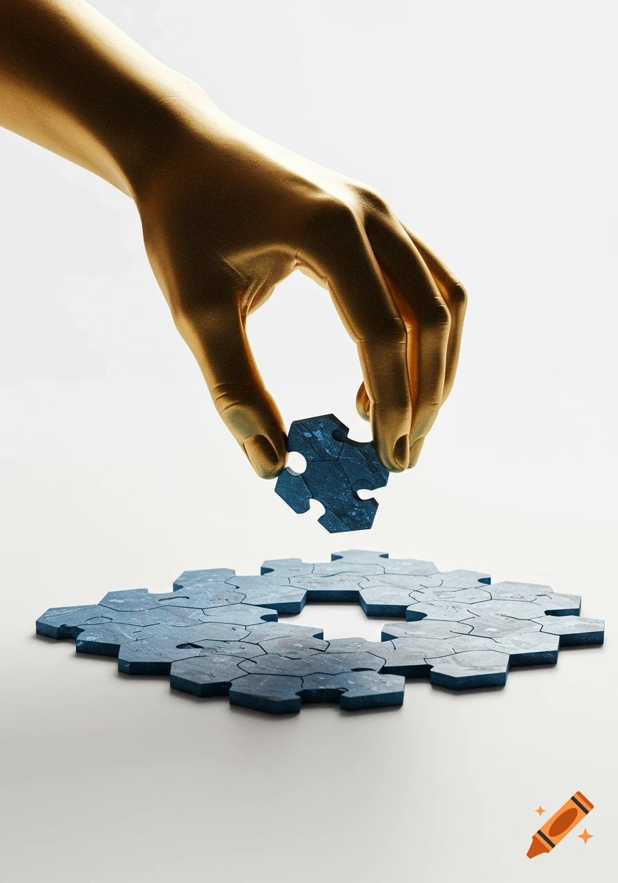 A golden hand holds a textured blue hexagonal puzzle piece over a collection of similar pieces, against a bright white background.