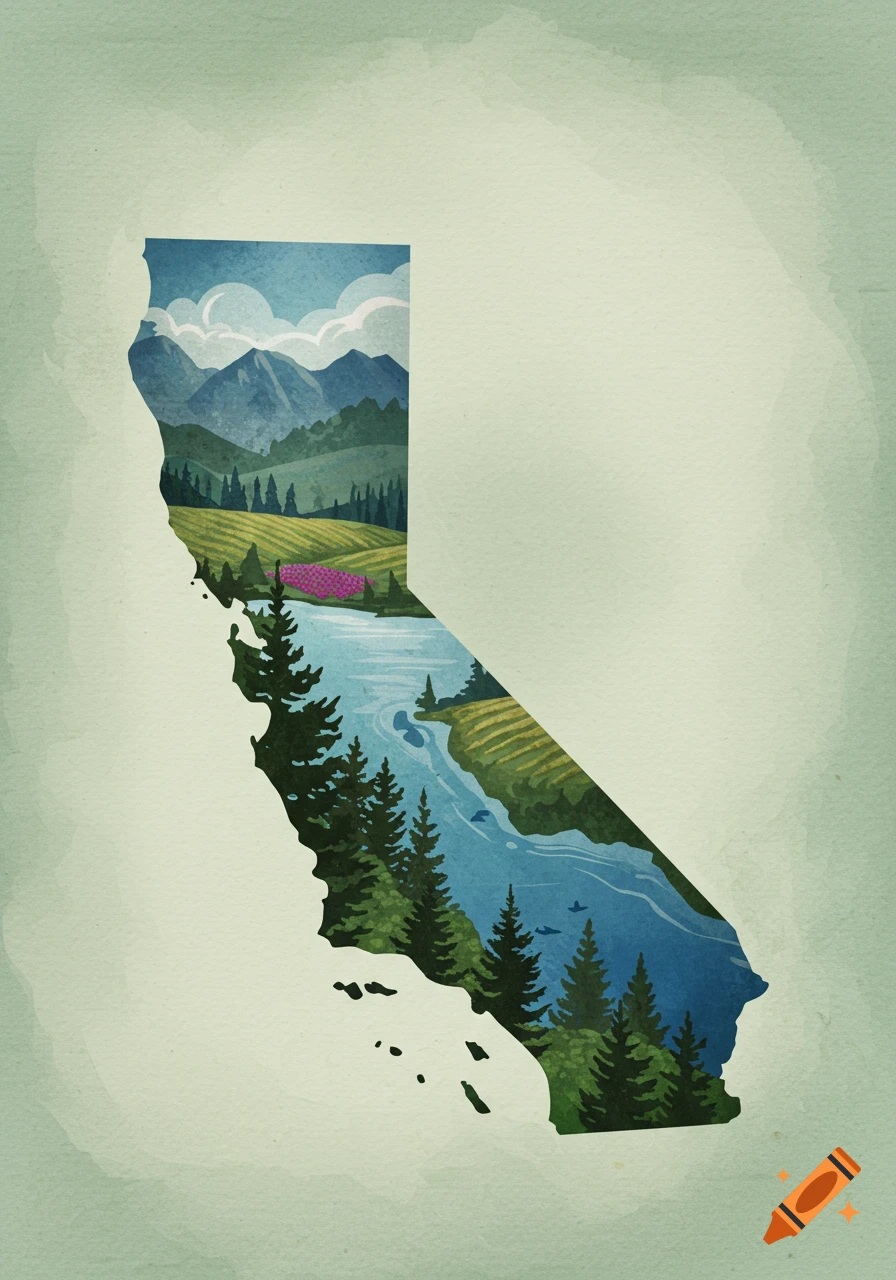 Stylized illustration of California's state outline filled with mountains, forests, a river, and fields.