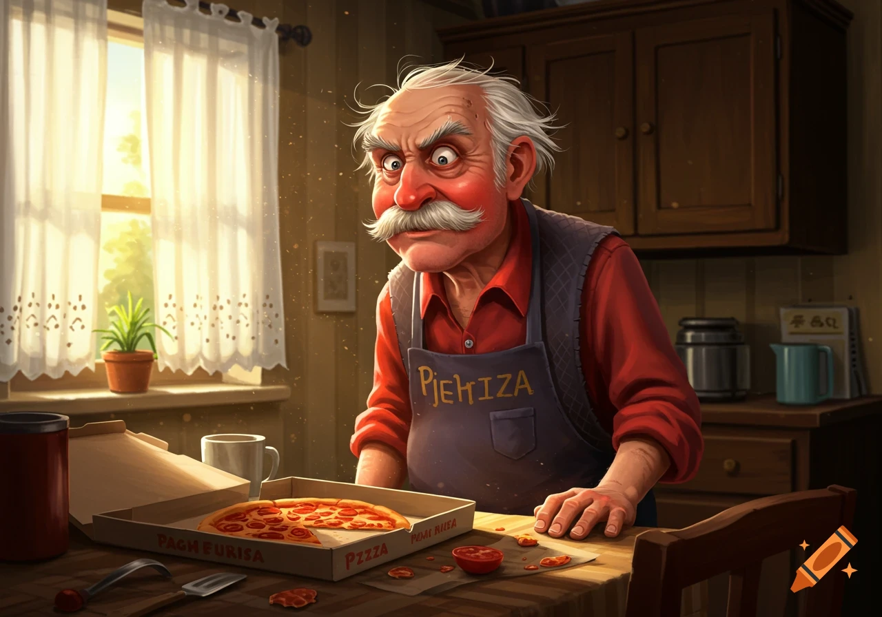 A cartoonish old man with a red face and white mustache looks angrily at a half-eaten pizza in a box on a kitchen table.