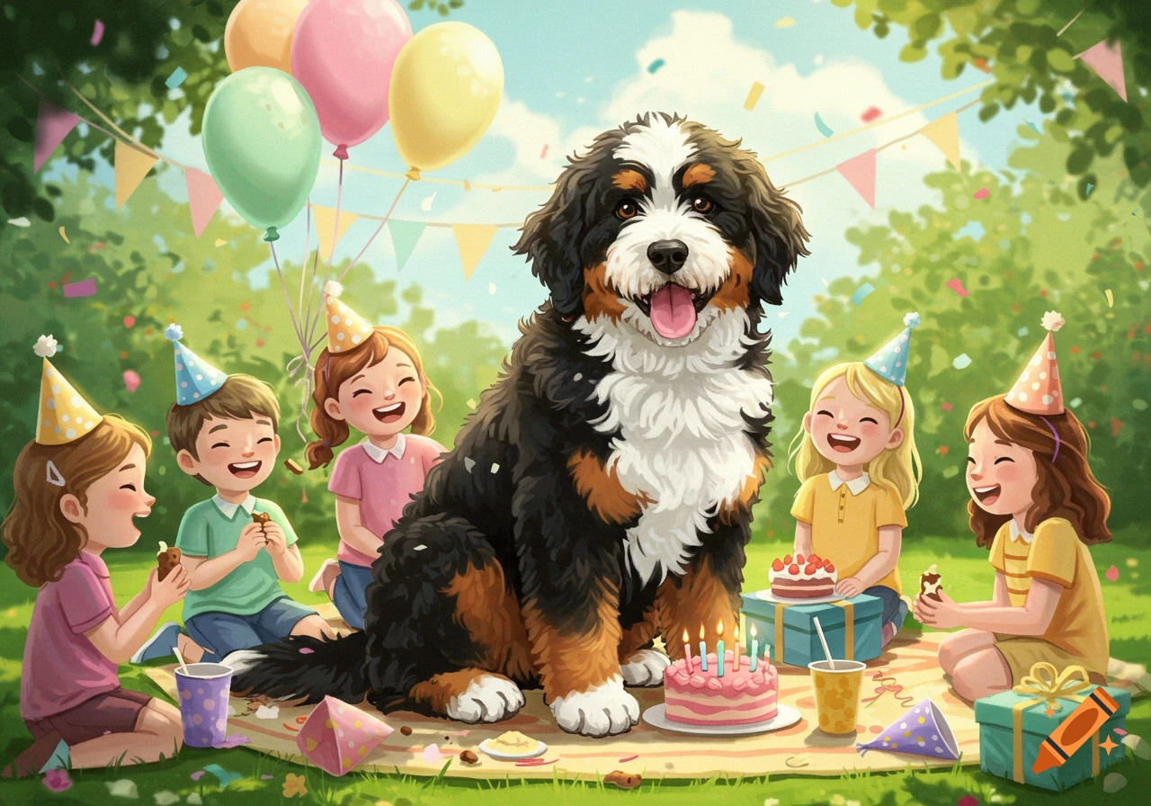 A happy Bernedoodle dog and several smiling children celebrate an outdoor birthday party with cakes, balloons, and gifts in a cartoon style.
