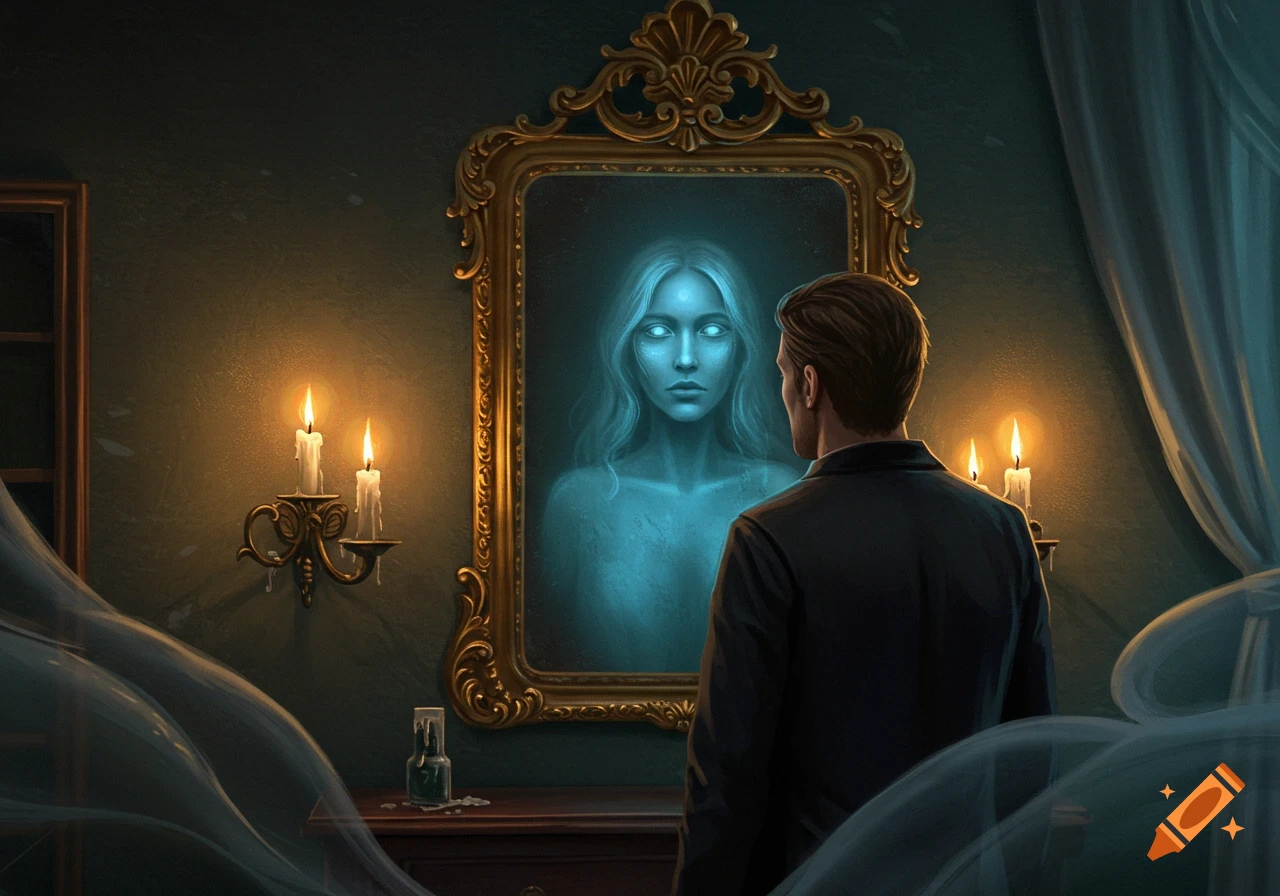 A man in a dark room looks into an ornate mirror, seeing the ghostly reflection of a woman with glowing eyes.
