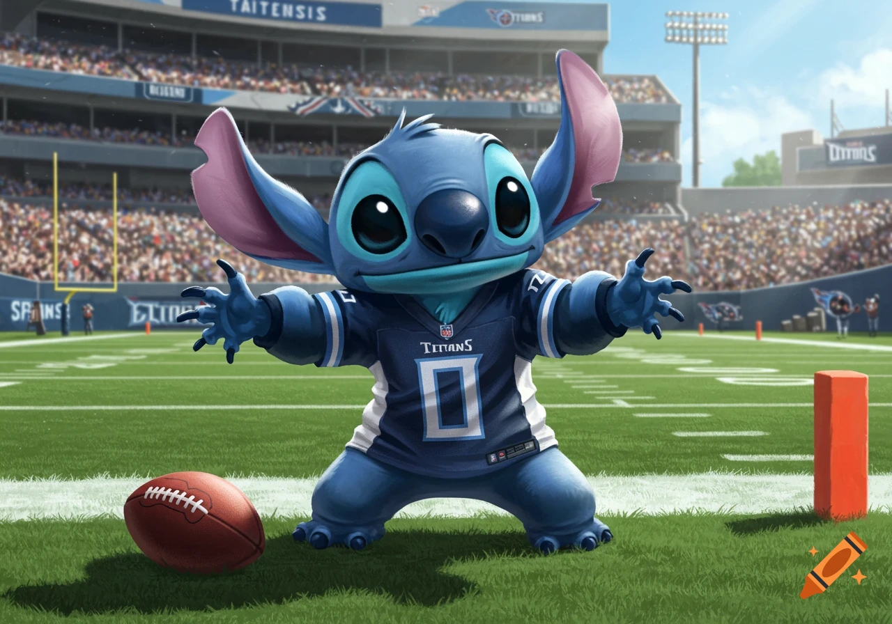 Close-up of Stitch, the blue alien character, wearing a Tennessee Titans football jersey with the number '0', standing on a football field with a football and a stadium in the background.