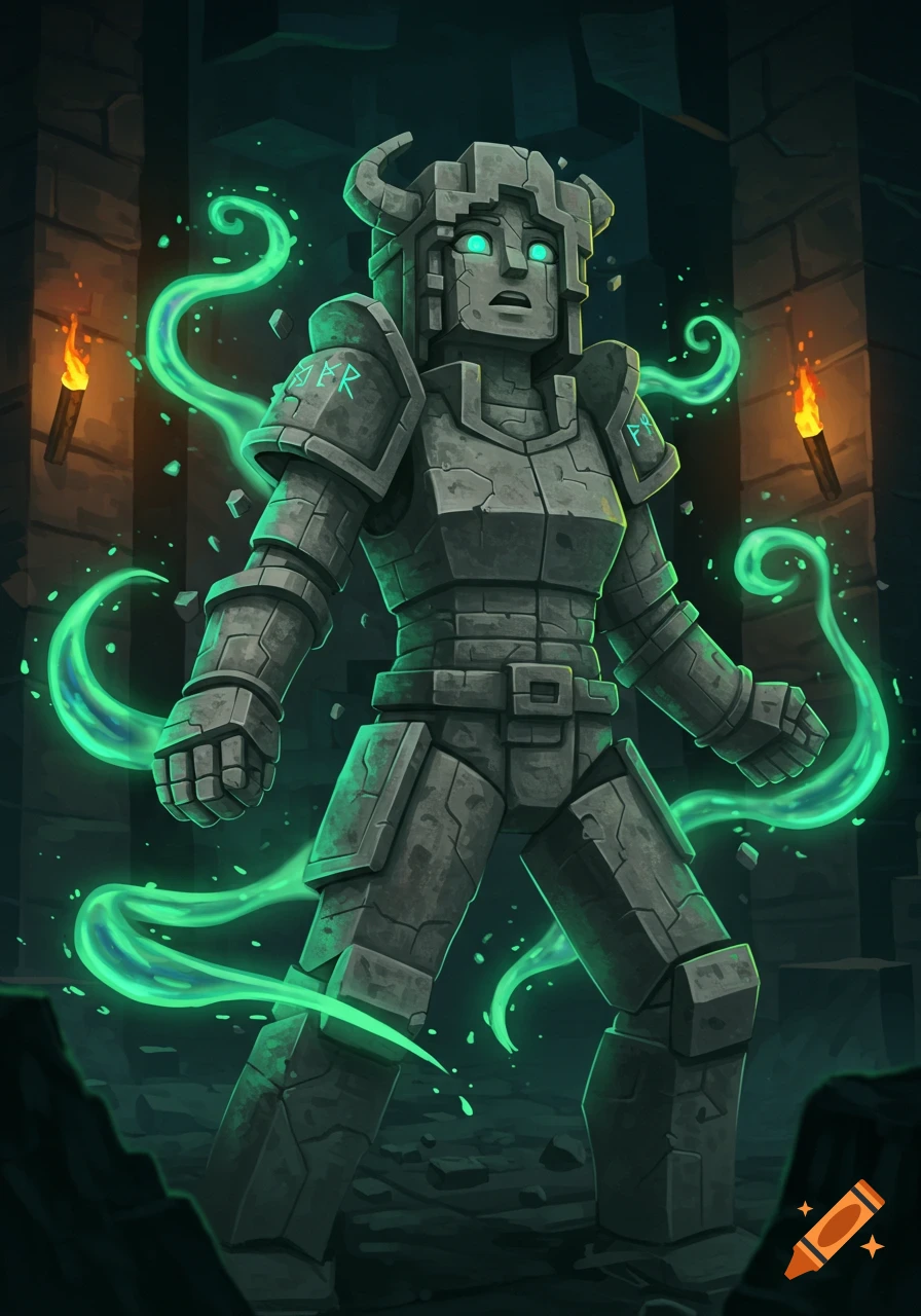 A blocky stone statue with glowing blue eyes and green energy, standing in a dark Minecraft dungeon with torches.