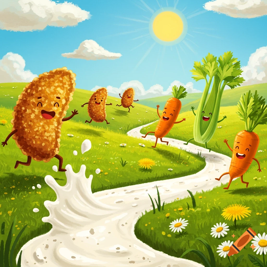 Whimsical cartoon food characters run in a sunny field beside a ranch dressing river.