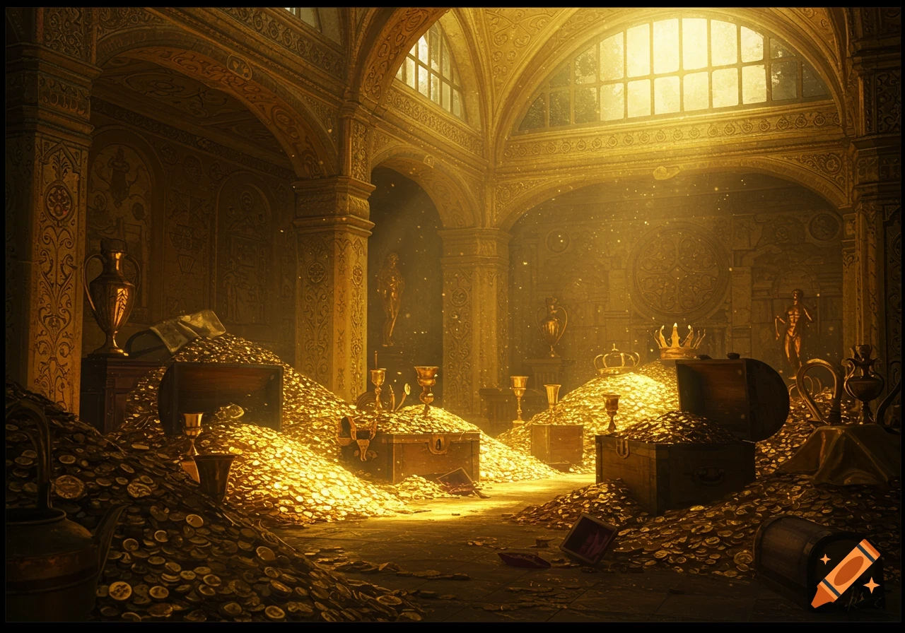 A grand ornate chamber filled with piles of shimmering gold coins, treasure chests, and golden artifacts, bathed in light.