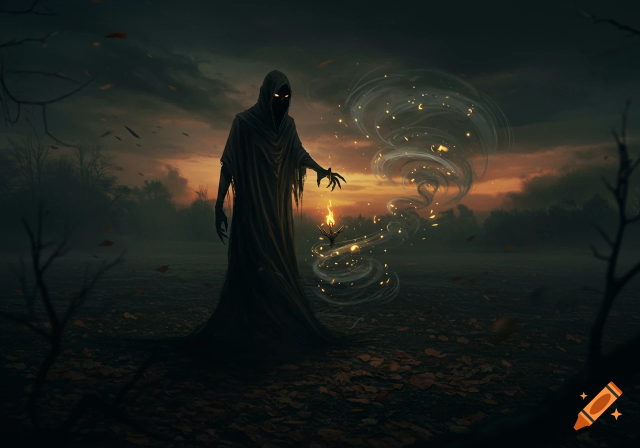 A dark cloaked figure with glowing eyes holds a mystical flame, surrounded by a magic vortex, in a misty, foreboding landscape at sunset. Fantasy art.