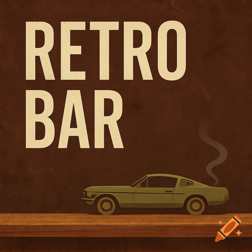 Minimalist retro poster with 'RETRO BAR' text and a vintage Ford Mustang silhouette on a wooden shelf.