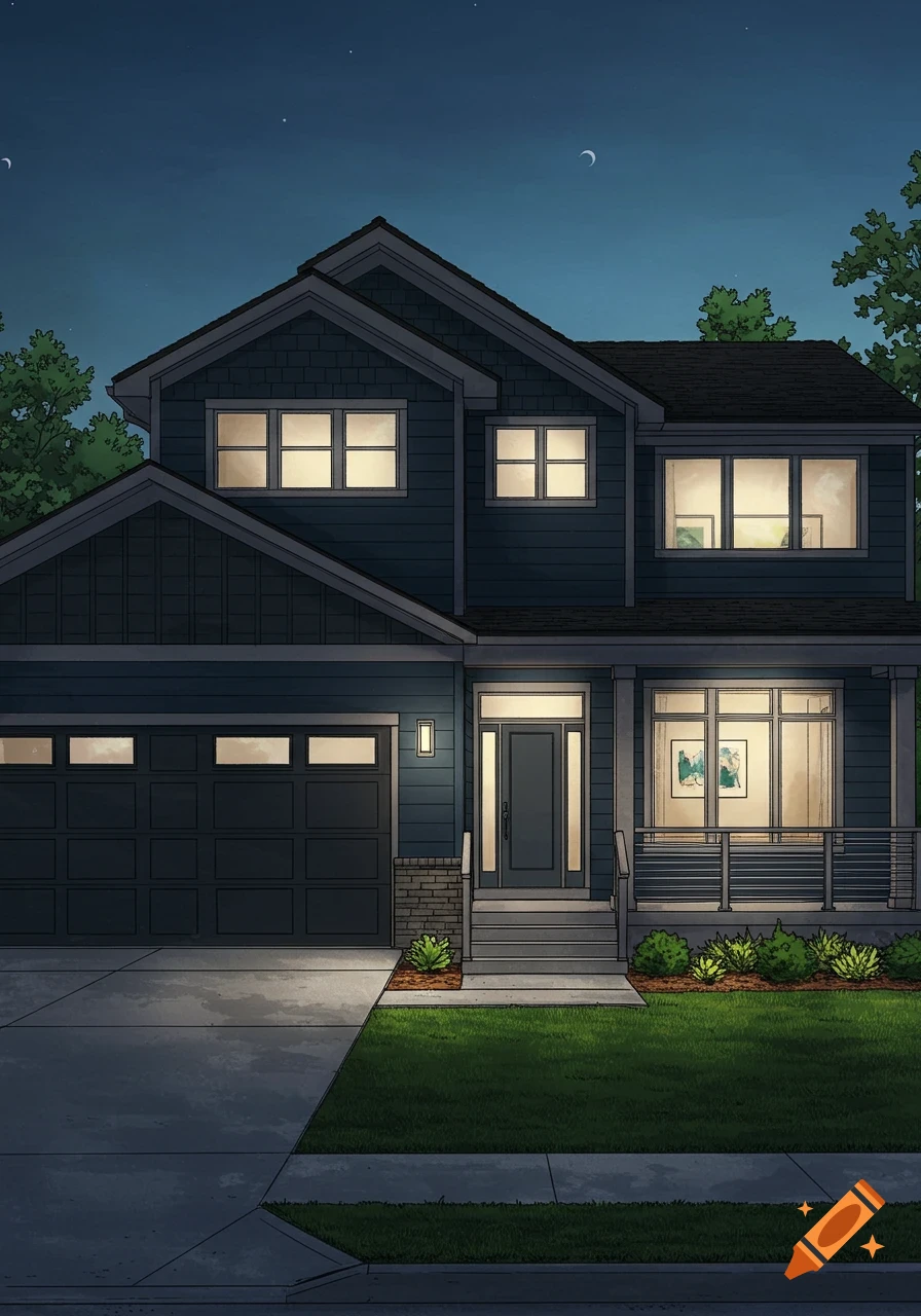 An illustrated two-story dark blue house with glowing windows, a garage, and a porch, at night under a starry sky.