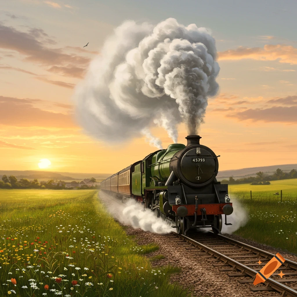 A green steam train with passengers travels through a field of wildflowers at sunset, with a large plume of smoke.