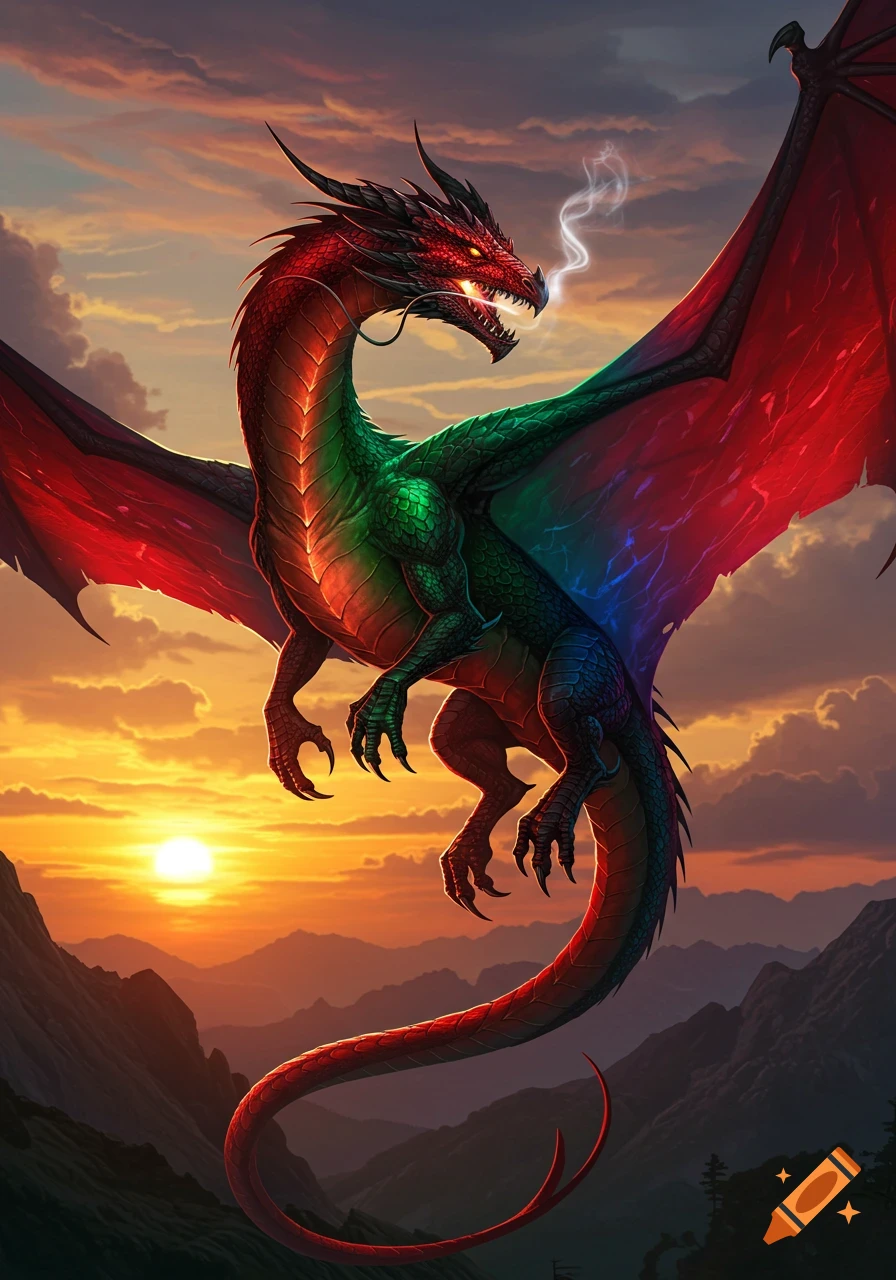 A vibrant red, green, and blue dragon with large wings flies over mountains at sunset, breathing smoke.
