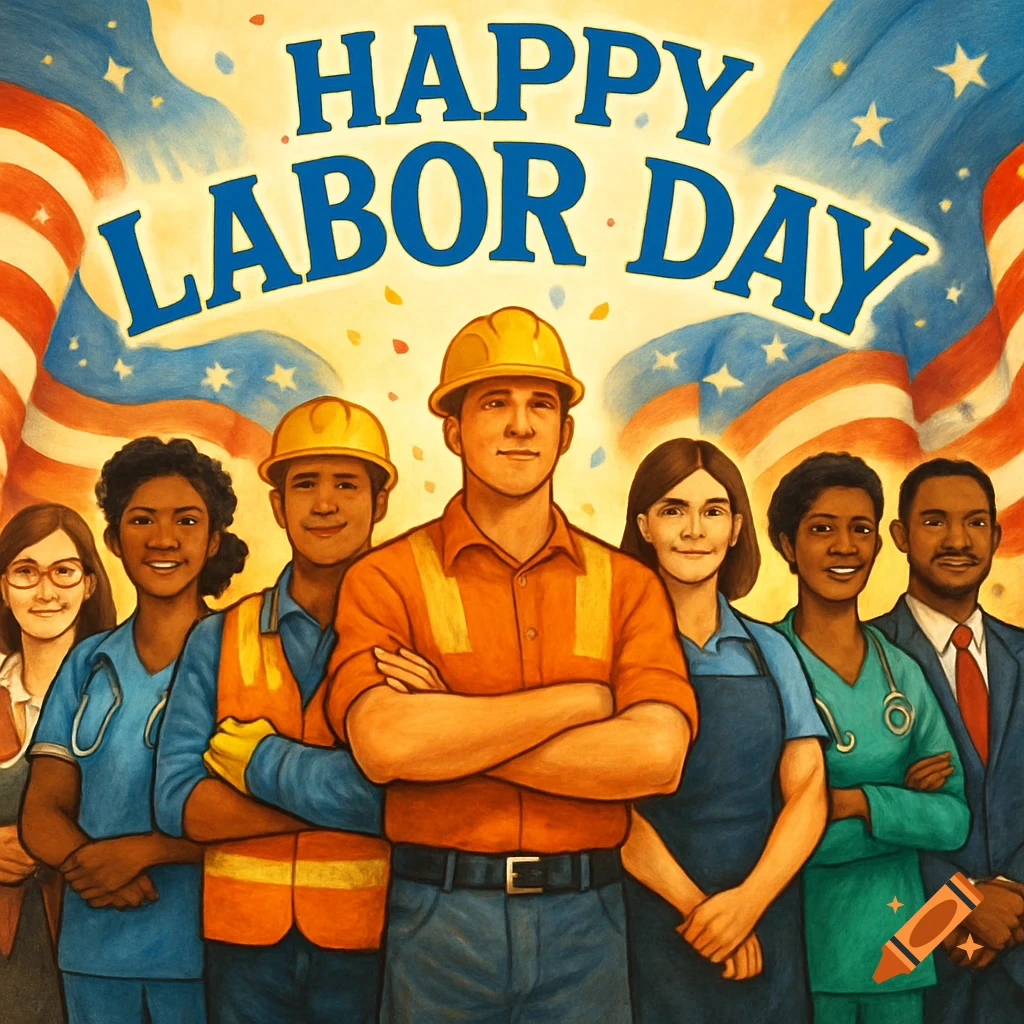An illustration of diverse American workers smiling in front of US flags under the text 'HAPPY LABOR DAY'.