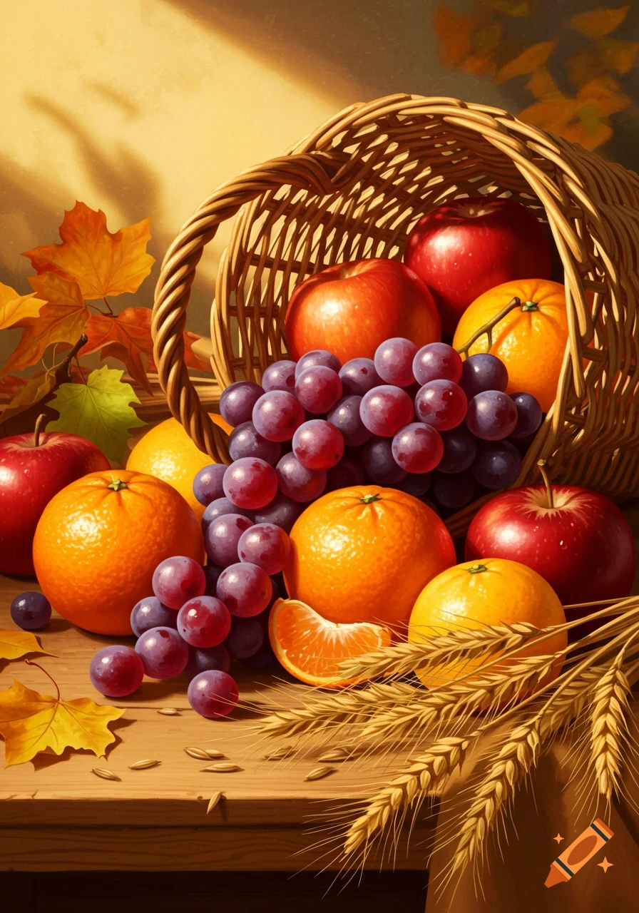 Vibrant still life with a basket of red apples, oranges, purple grapes, autumn leaves, and wheat on a wooden table.