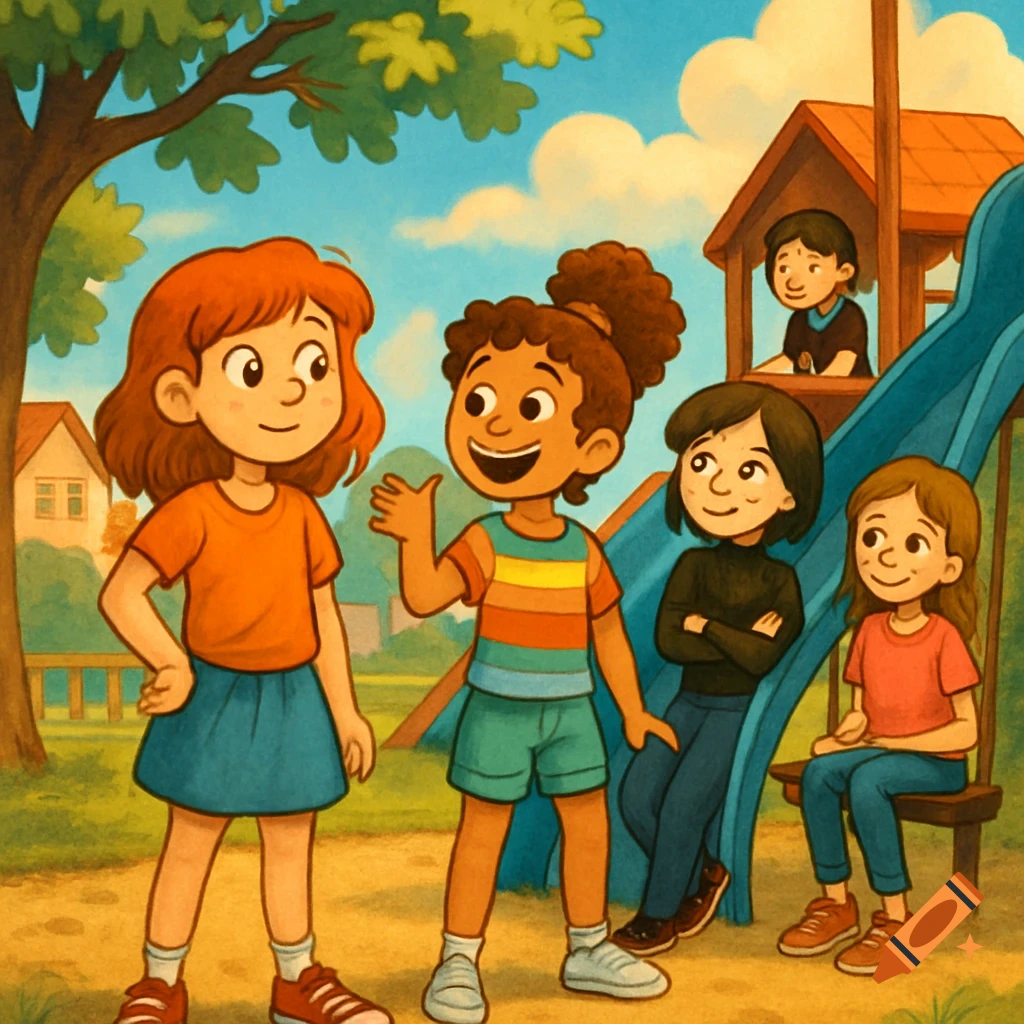 Five cartoon children playing in a sunny outdoor playground with a slide and playhouse.