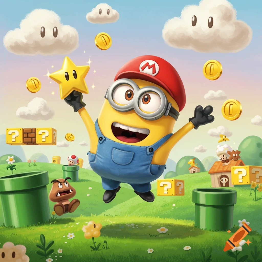 A happy Minion dressed as Mario jumps while holding a Super Star in a vibrant Super Mario Bros. landscape.